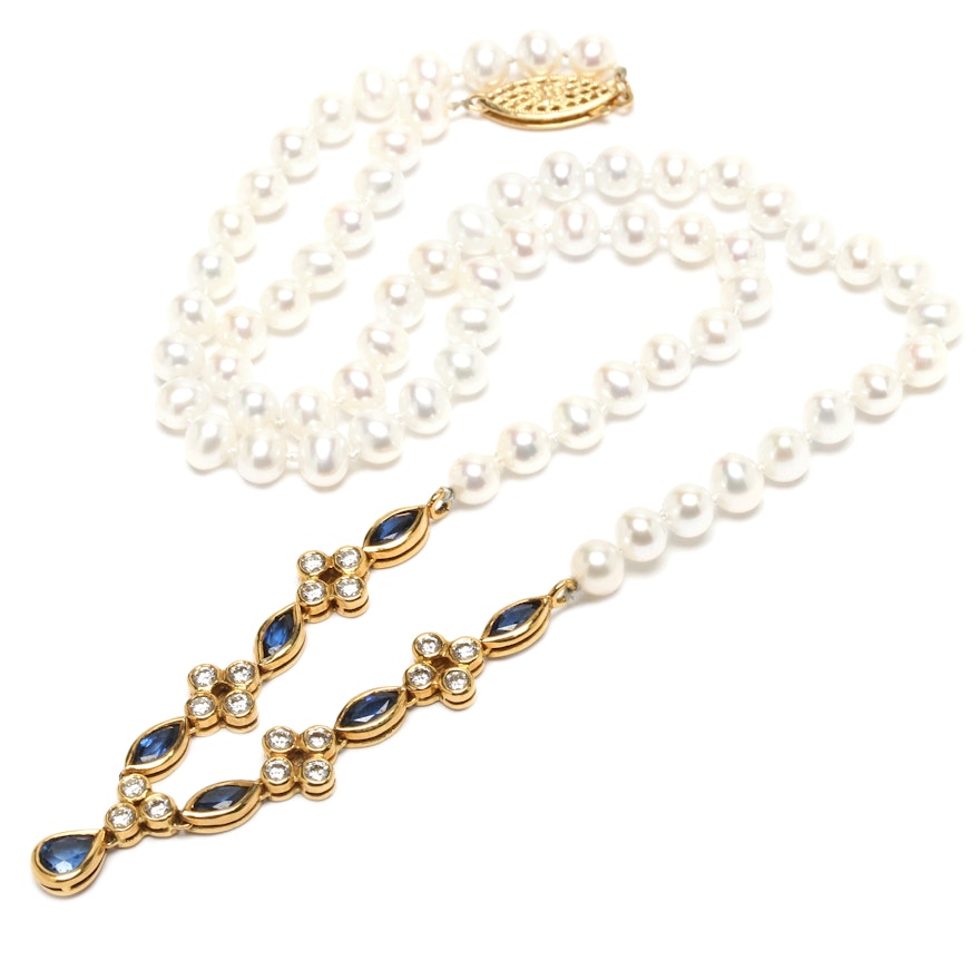 18K Yellow Gold Sapphire, Diamond and Cultured Pearl Necklace with Leather Pouch