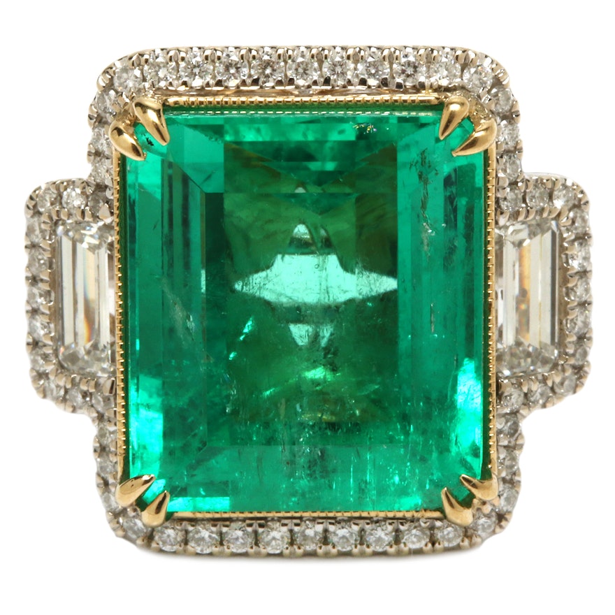 18K White Gold 7.77 CT Emerald and 1.16 CTW Diamond Ring with Yellow Gold Accent