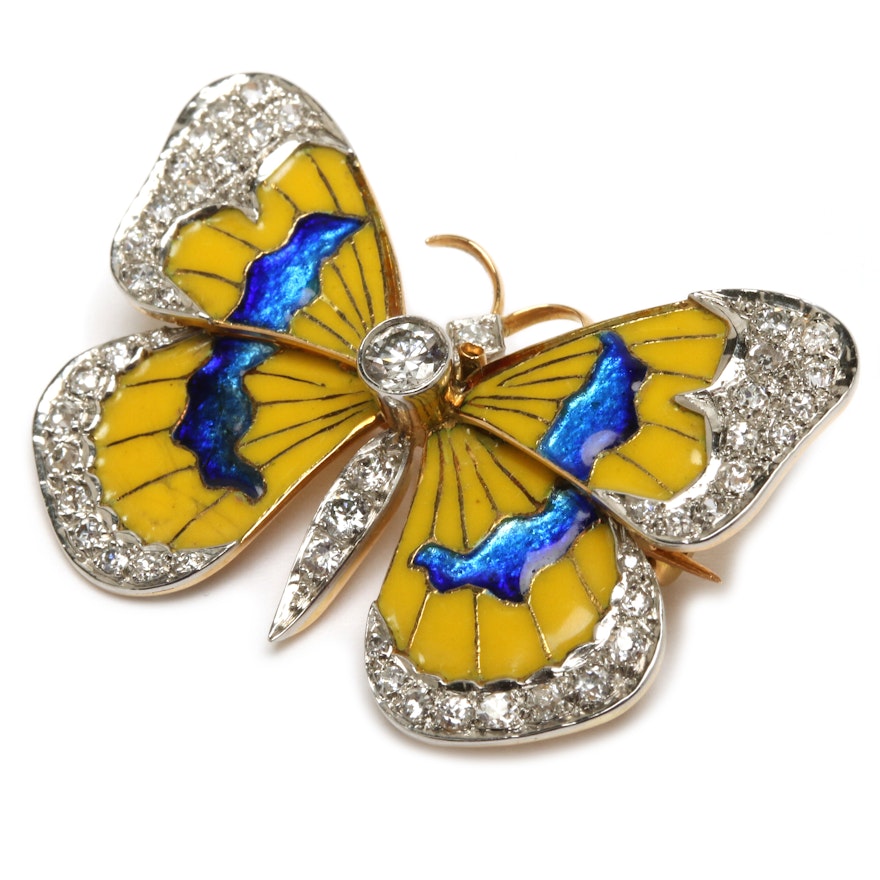 Van Cleef & Arpels 18K Yellow Gold Diamond and Enamel Butterfly Pin