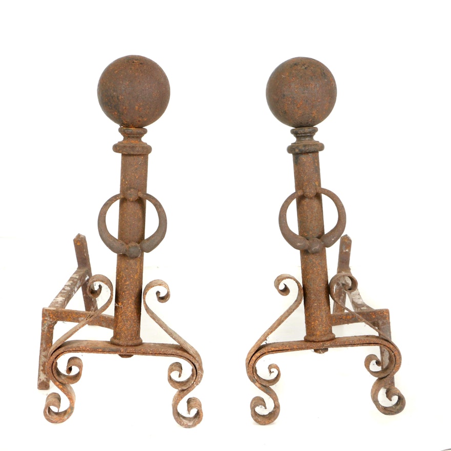 Early Pair of Hand Wrought Andirons, Circa 1860 - 1880