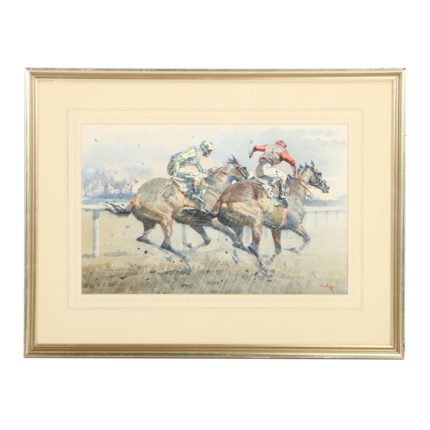 Peter Curling Watercolor Painting of a Horse Race