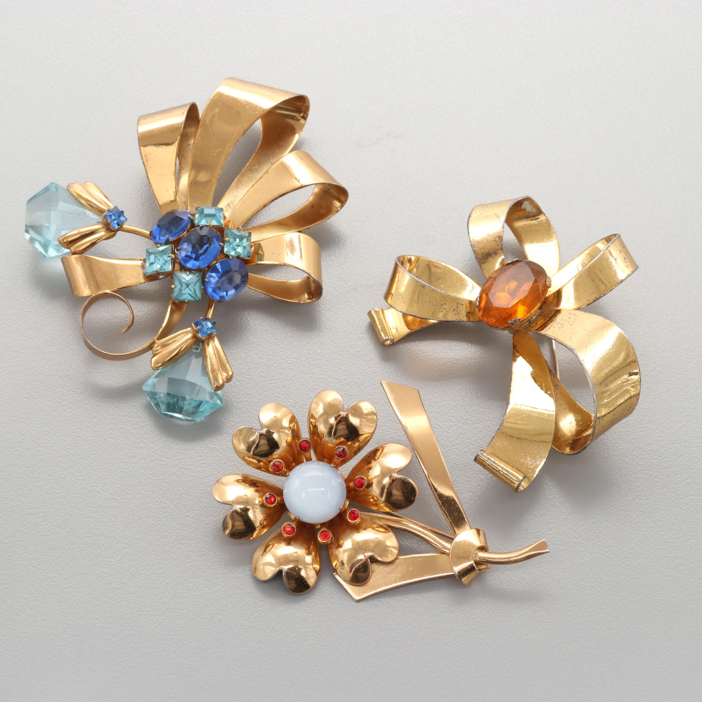 1950s Sterling Silver and Vermeil Rhinestone Floral Brooches Including Coro