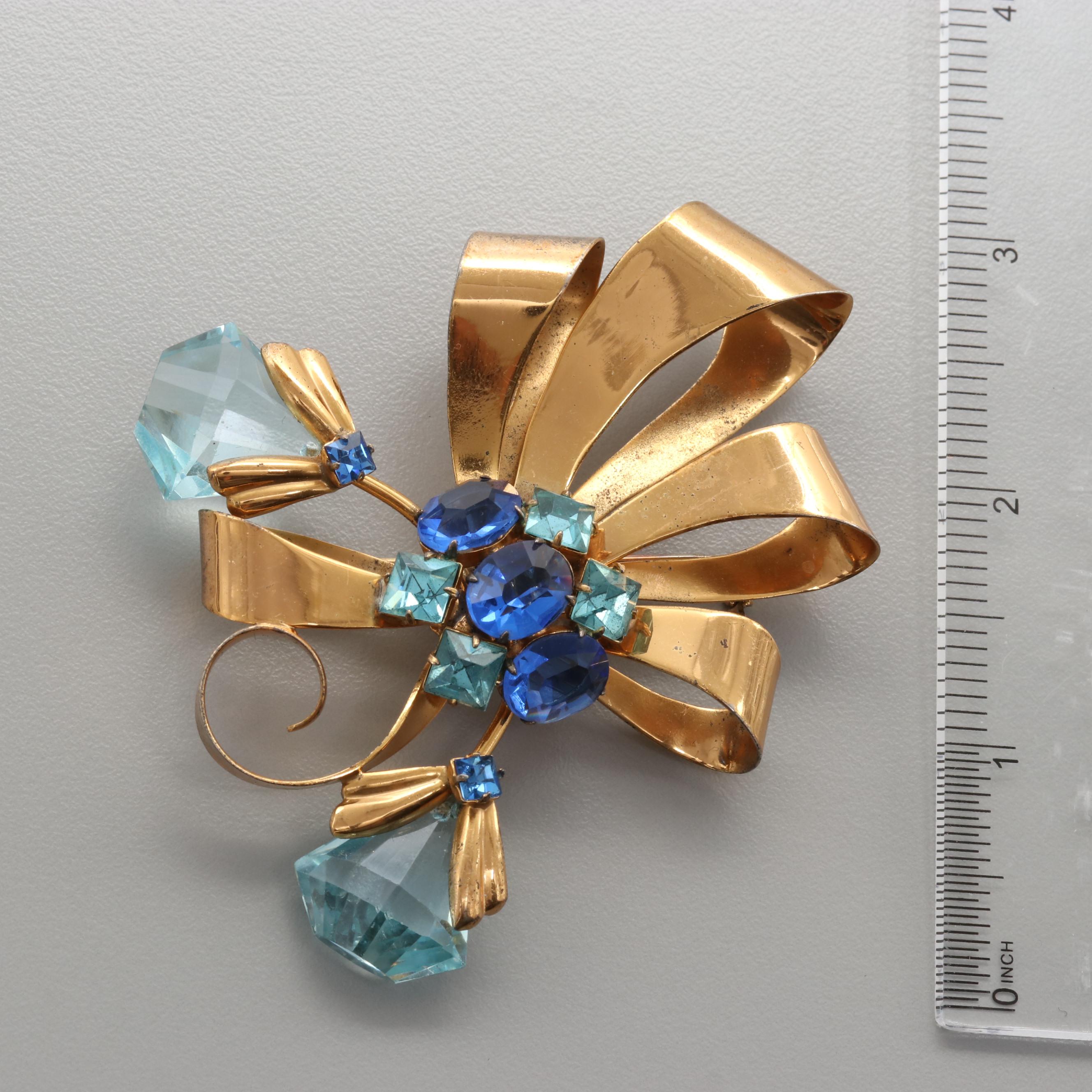 1950s Sterling Silver and Vermeil Rhinestone Floral Brooches Including Coro