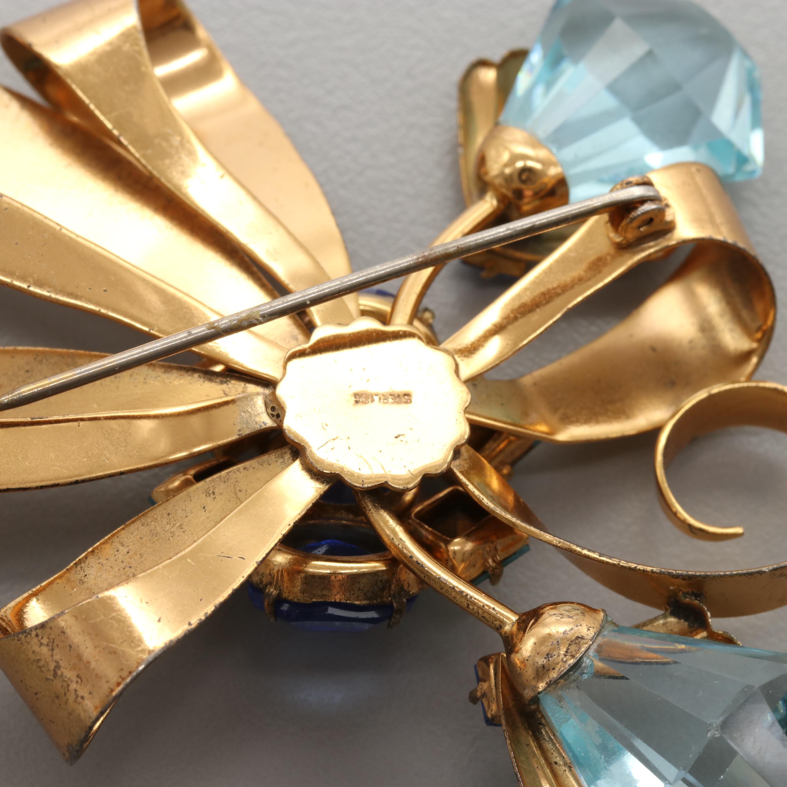 1950s Sterling Silver and Vermeil Rhinestone Floral Brooches Including Coro