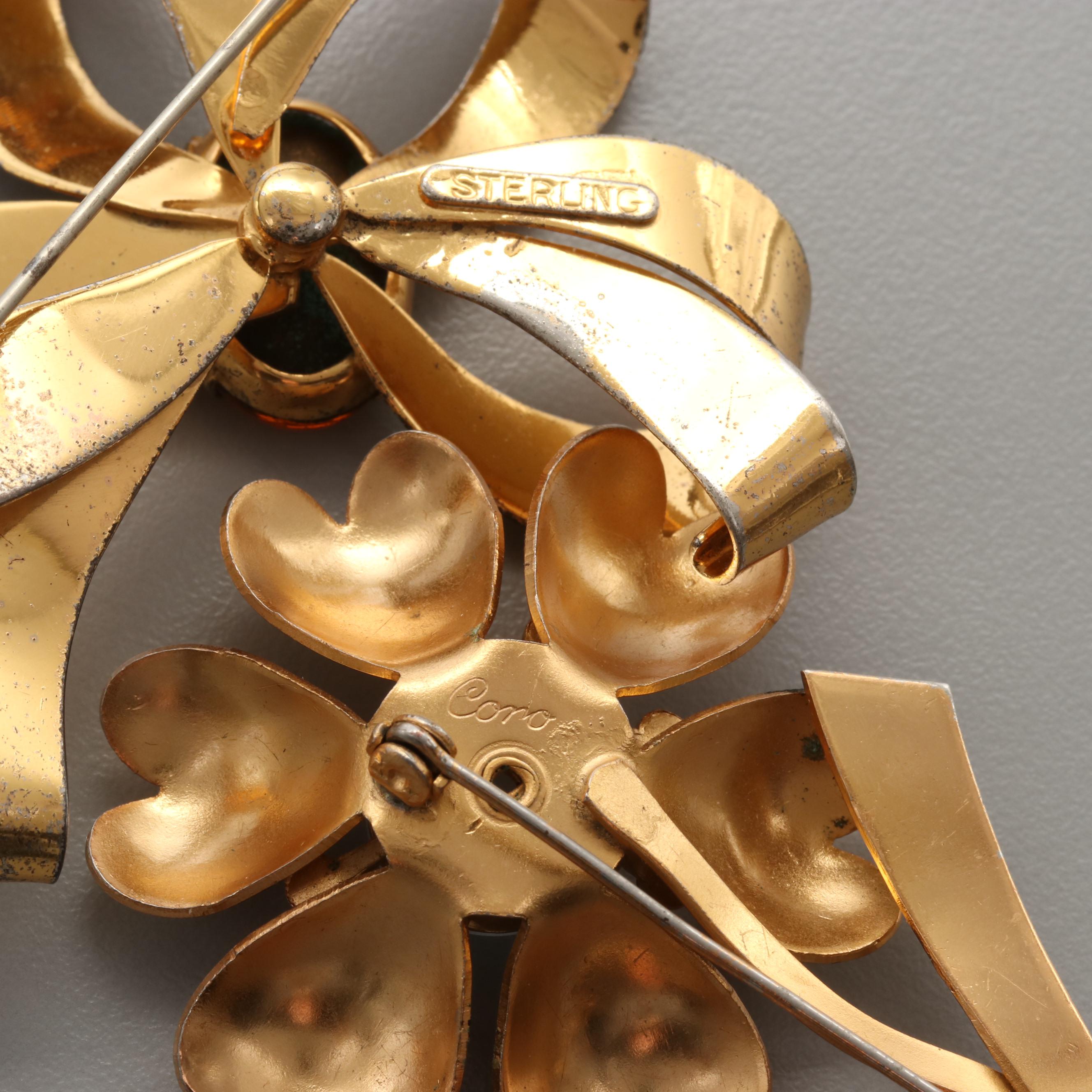 1950s Sterling Silver and Vermeil Rhinestone Floral Brooches Including Coro