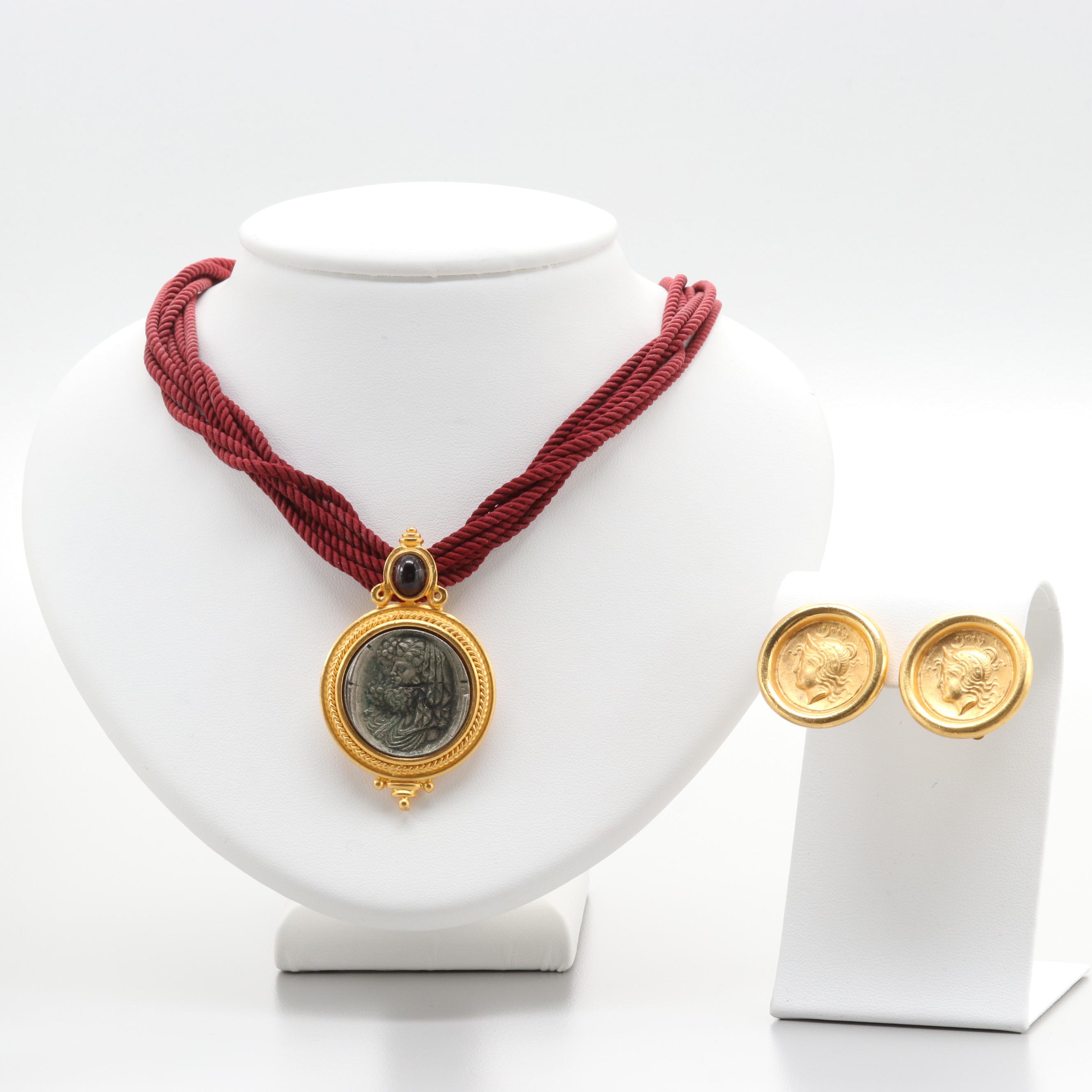 Vintage Linda Levinson Gold Tone Gemstone Roman Coin Necklace and Earring Set