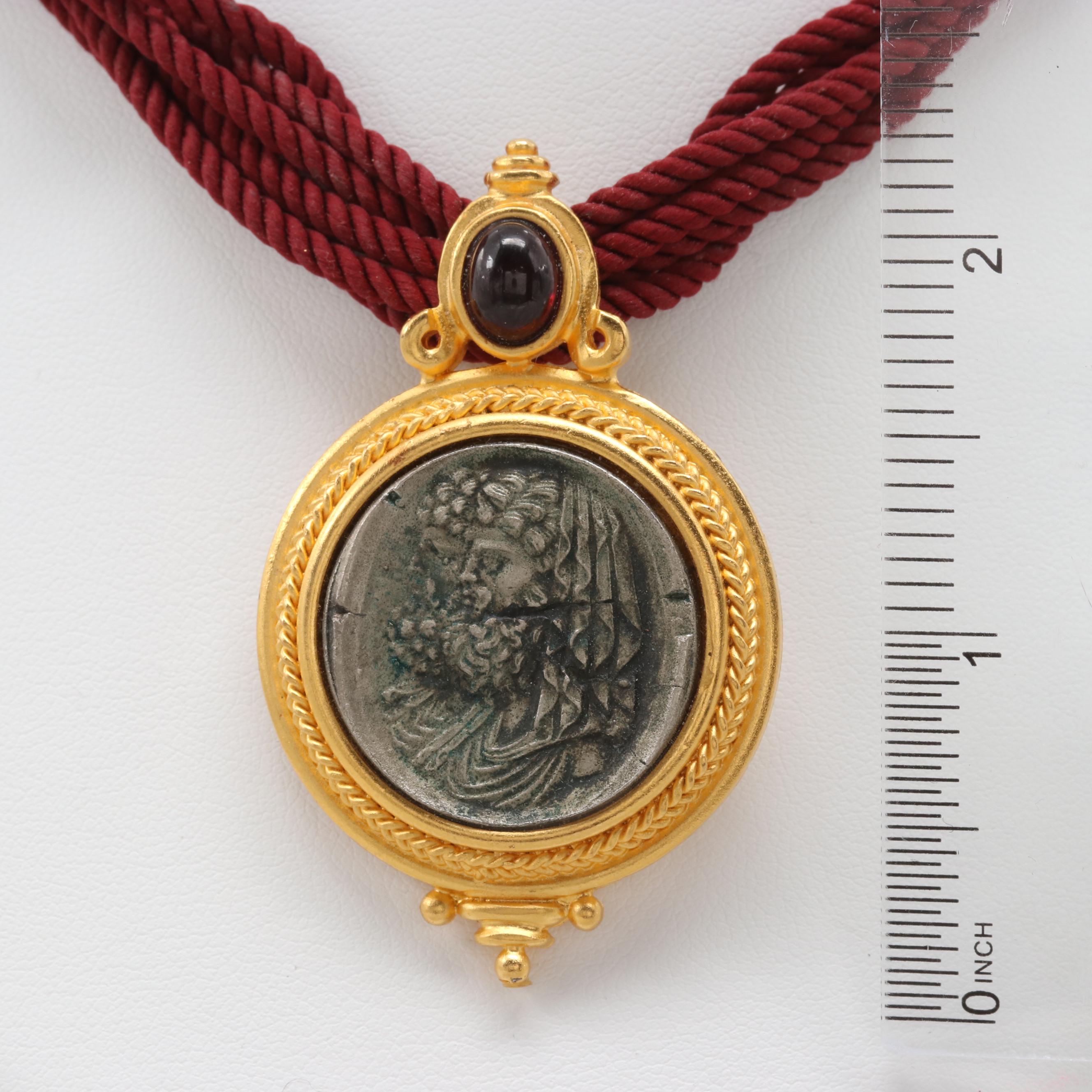 Vintage Linda Levinson Gold Tone Gemstone Roman Coin Necklace and Earring Set