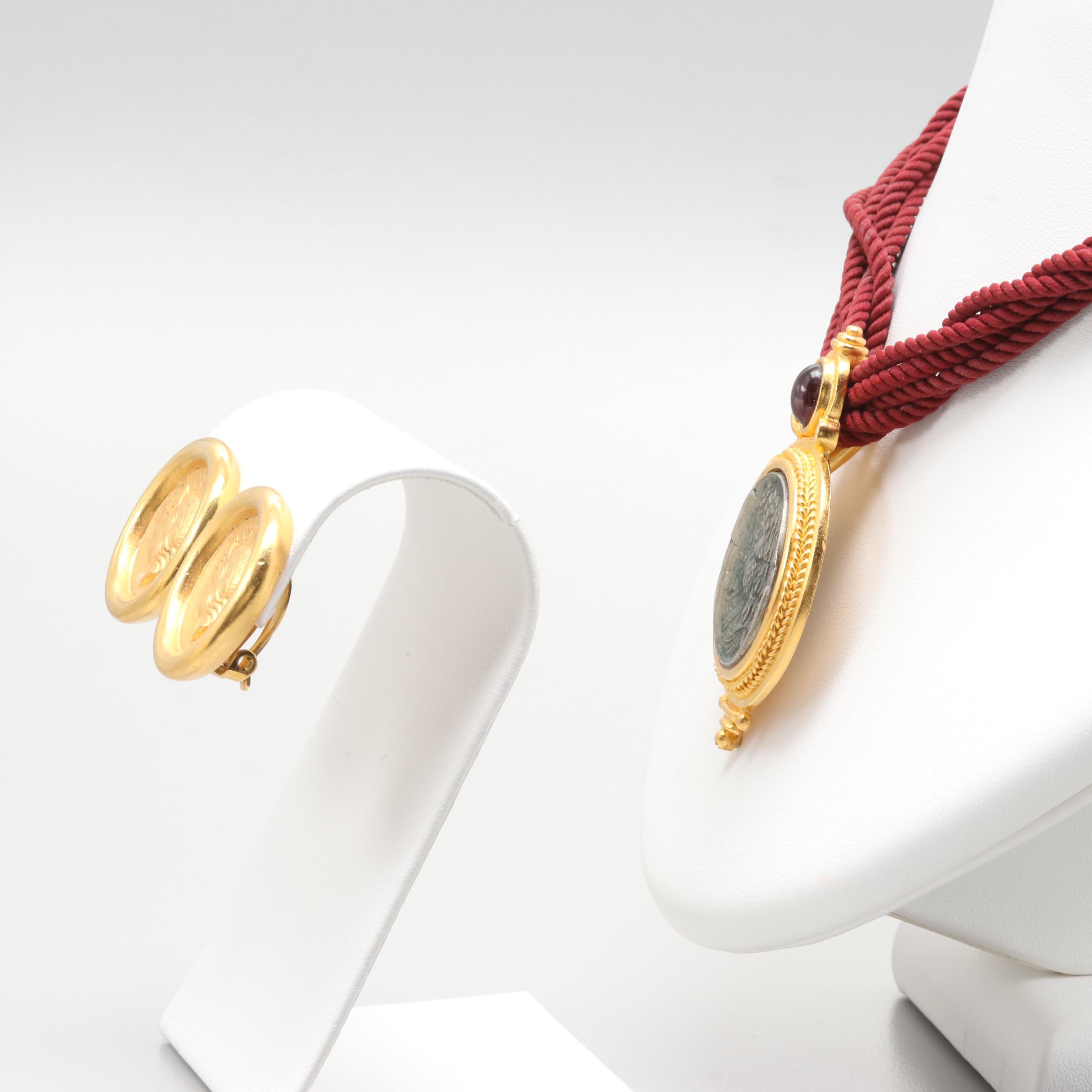 Vintage Linda Levinson Gold Tone Gemstone Roman Coin Necklace and Earring Set