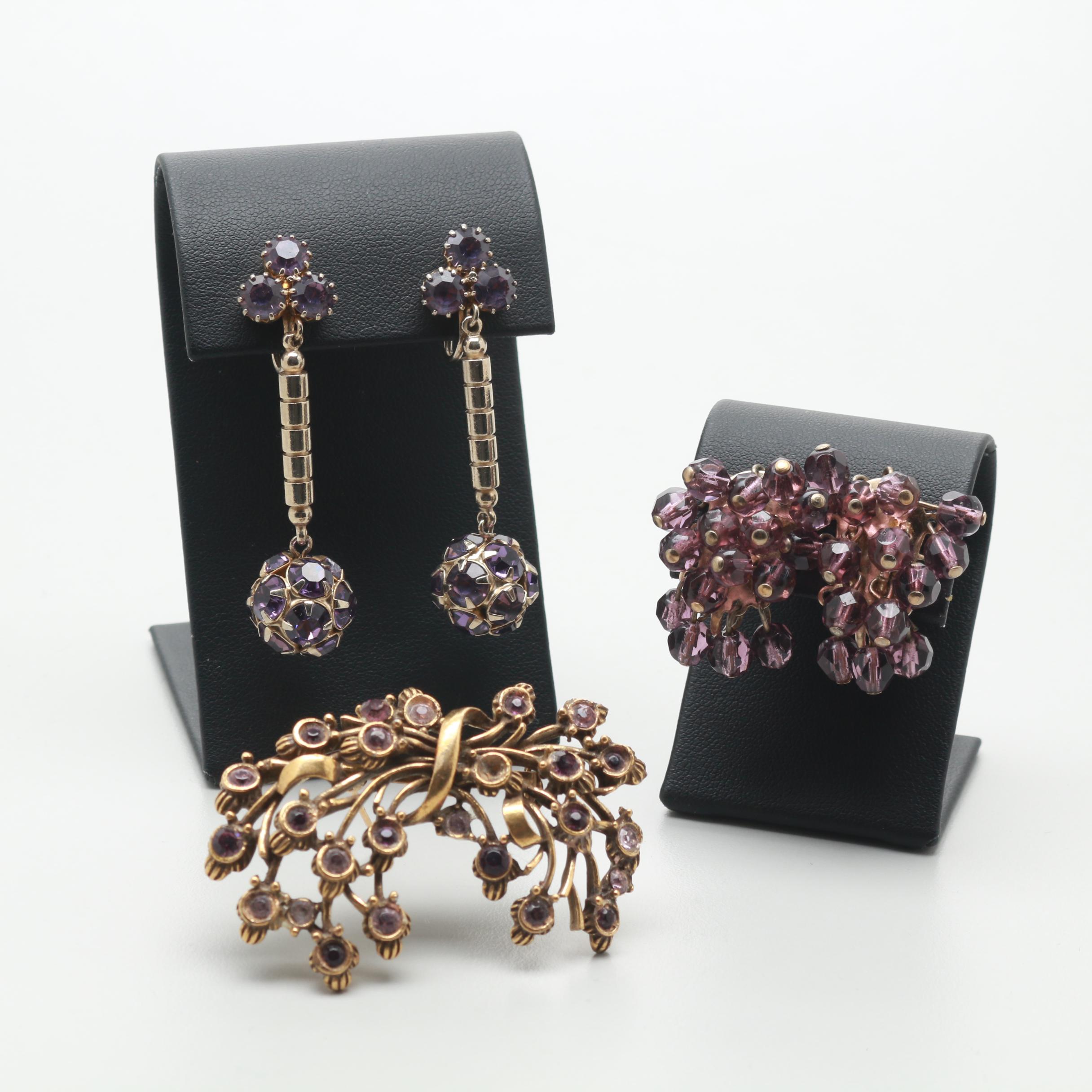 1960s Weiss and Coro Purple Rhinestone Brooch and Earrings