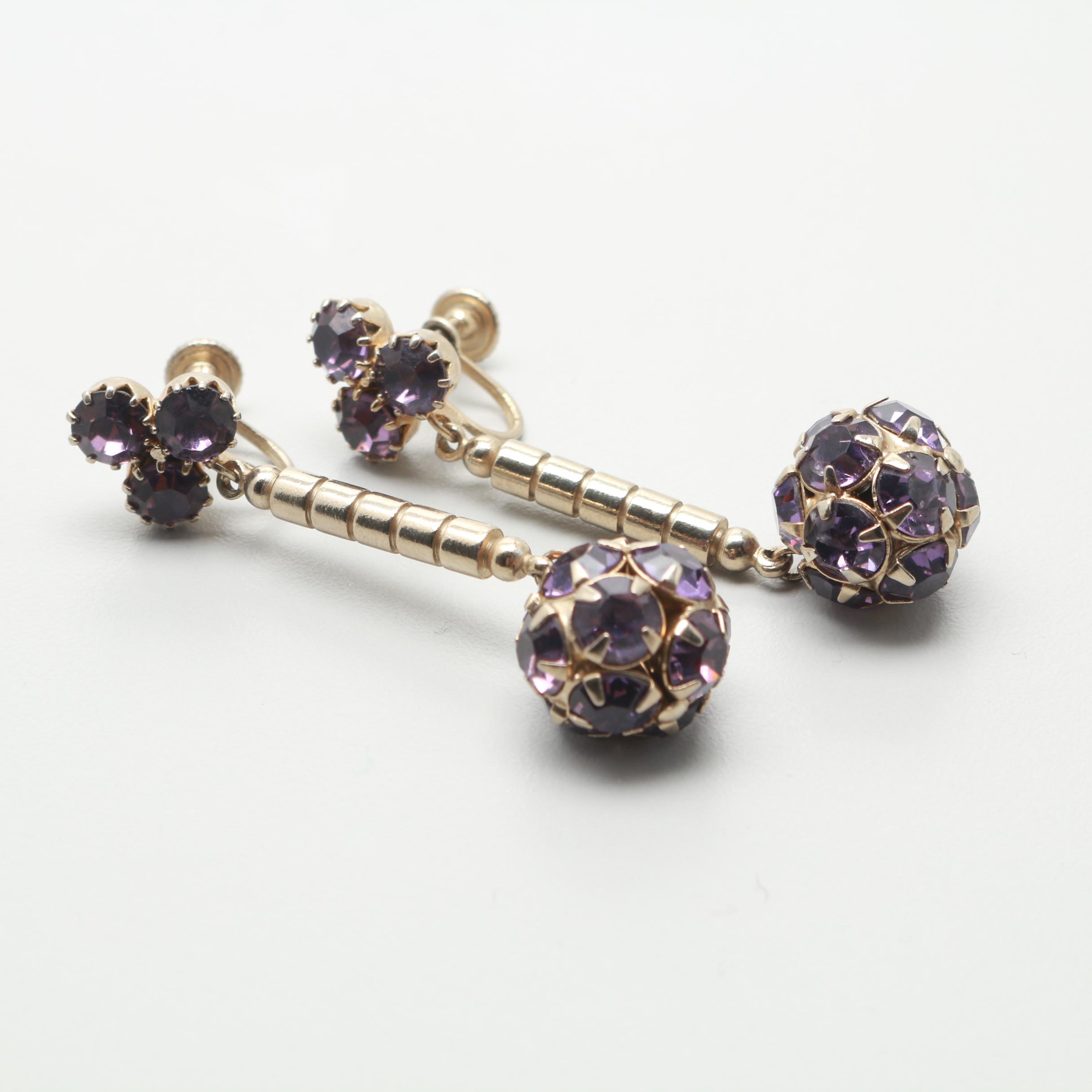 1960s Weiss and Coro Purple Rhinestone Brooch and Earrings