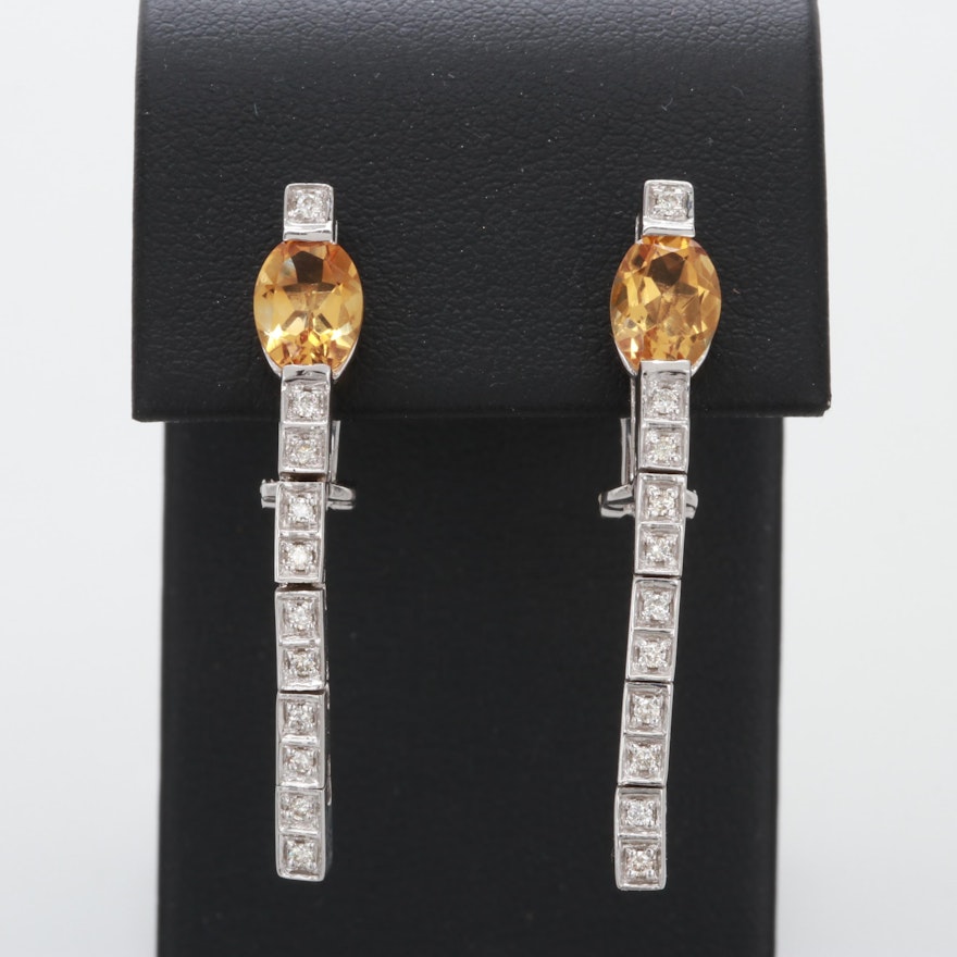 14K White Gold Citrine and Diamond Drop Earrings