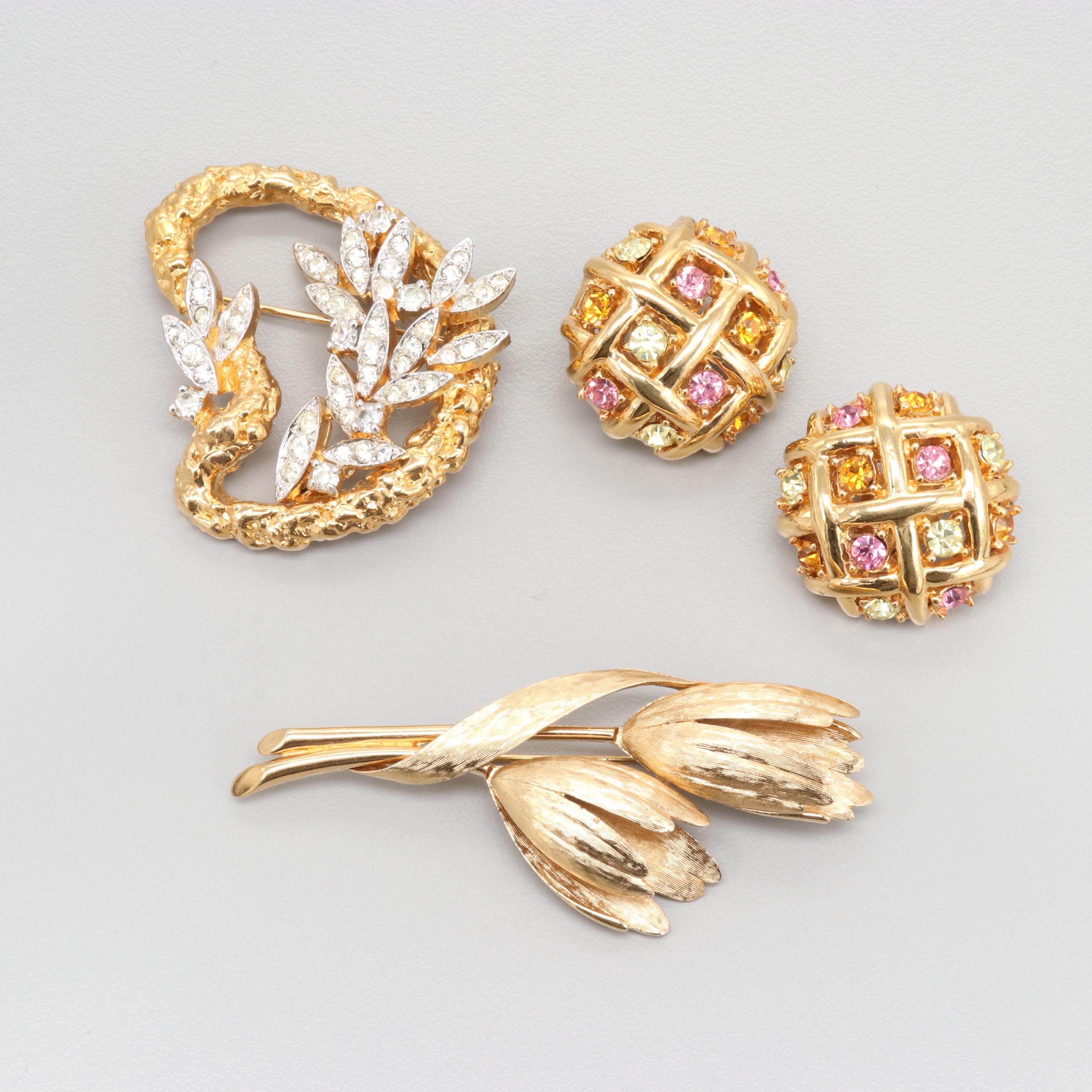 1980s Gold Tone Rhinestone Jewelry Including Ciner, Jomaz, Boucher, Panetta