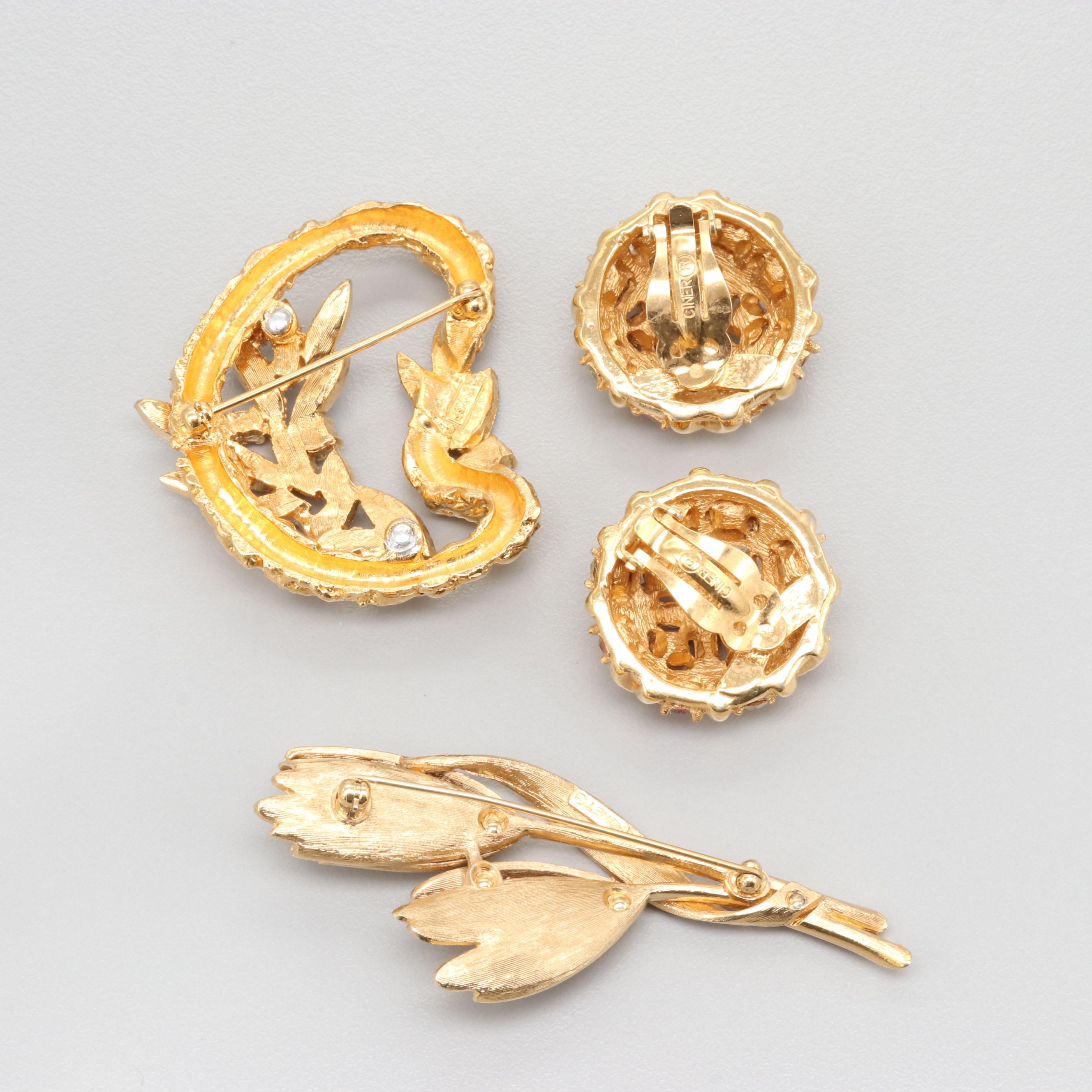 1980s Gold Tone Rhinestone Jewelry Including Ciner, Jomaz, Boucher, Panetta