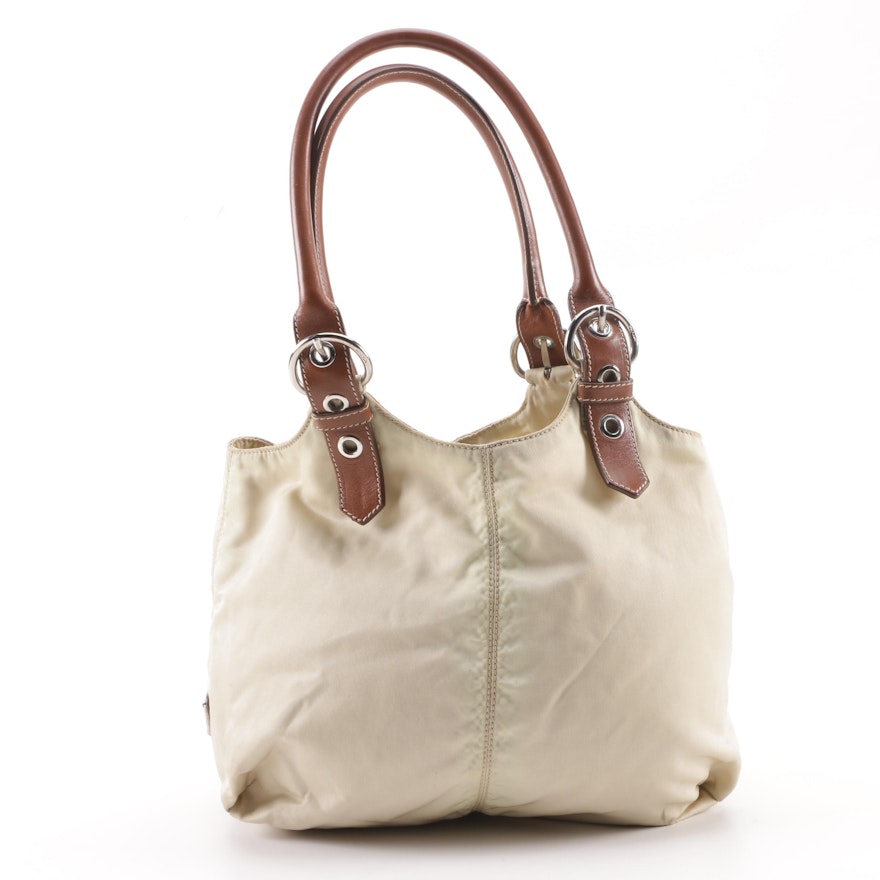 Prada Beige Nylon and Brown Leather Tote