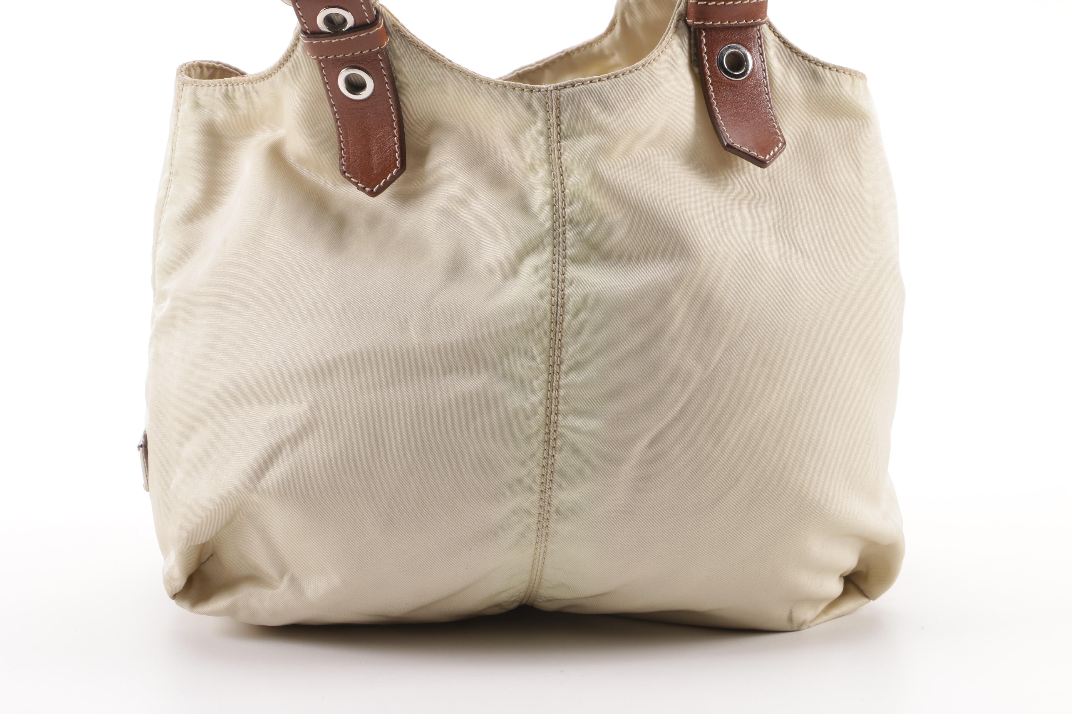 Prada Beige Nylon and Brown Leather Tote
