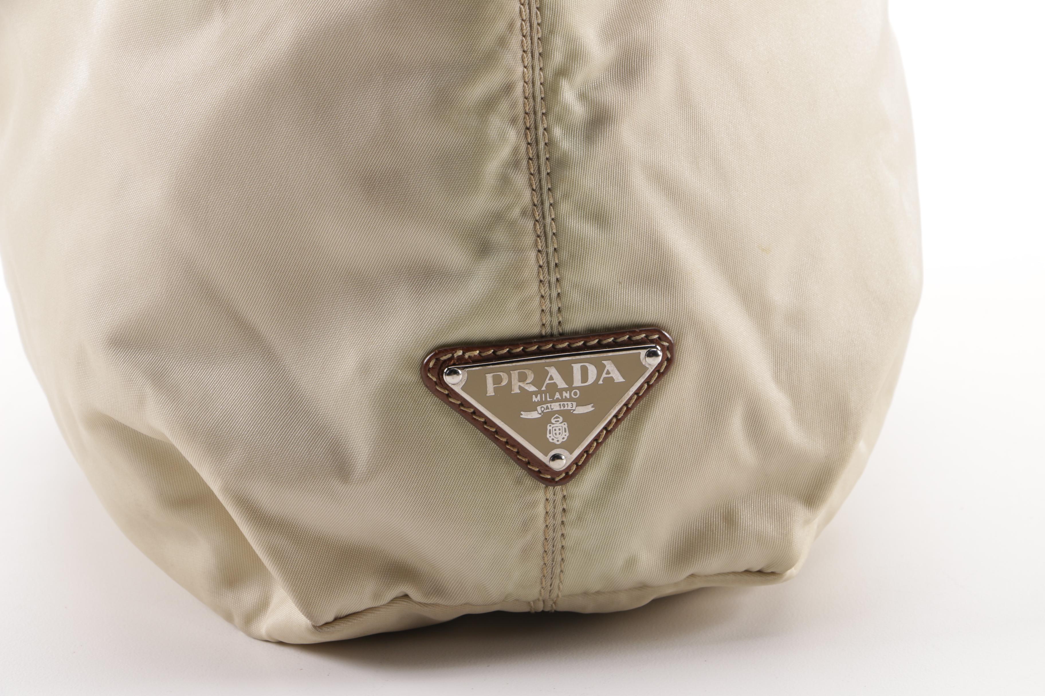 Prada Beige Nylon and Brown Leather Tote