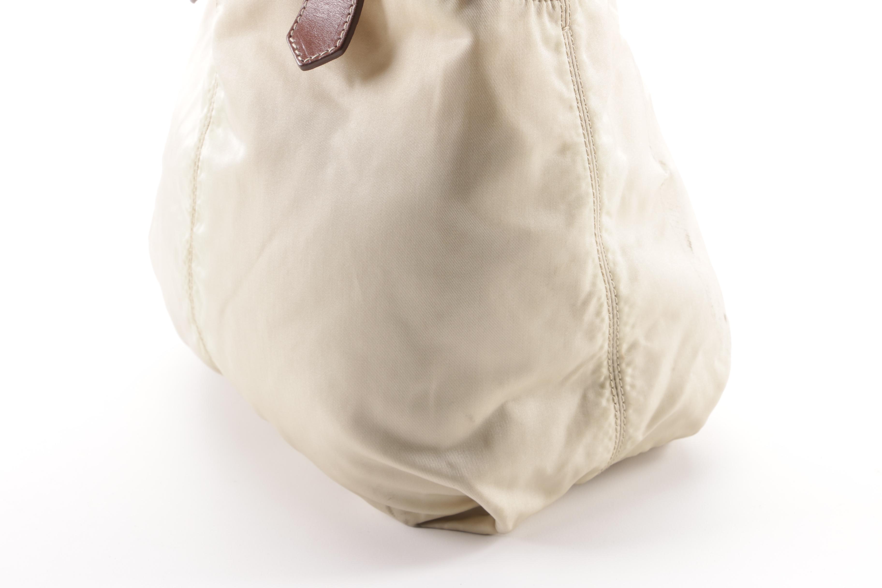Prada Beige Nylon and Brown Leather Tote