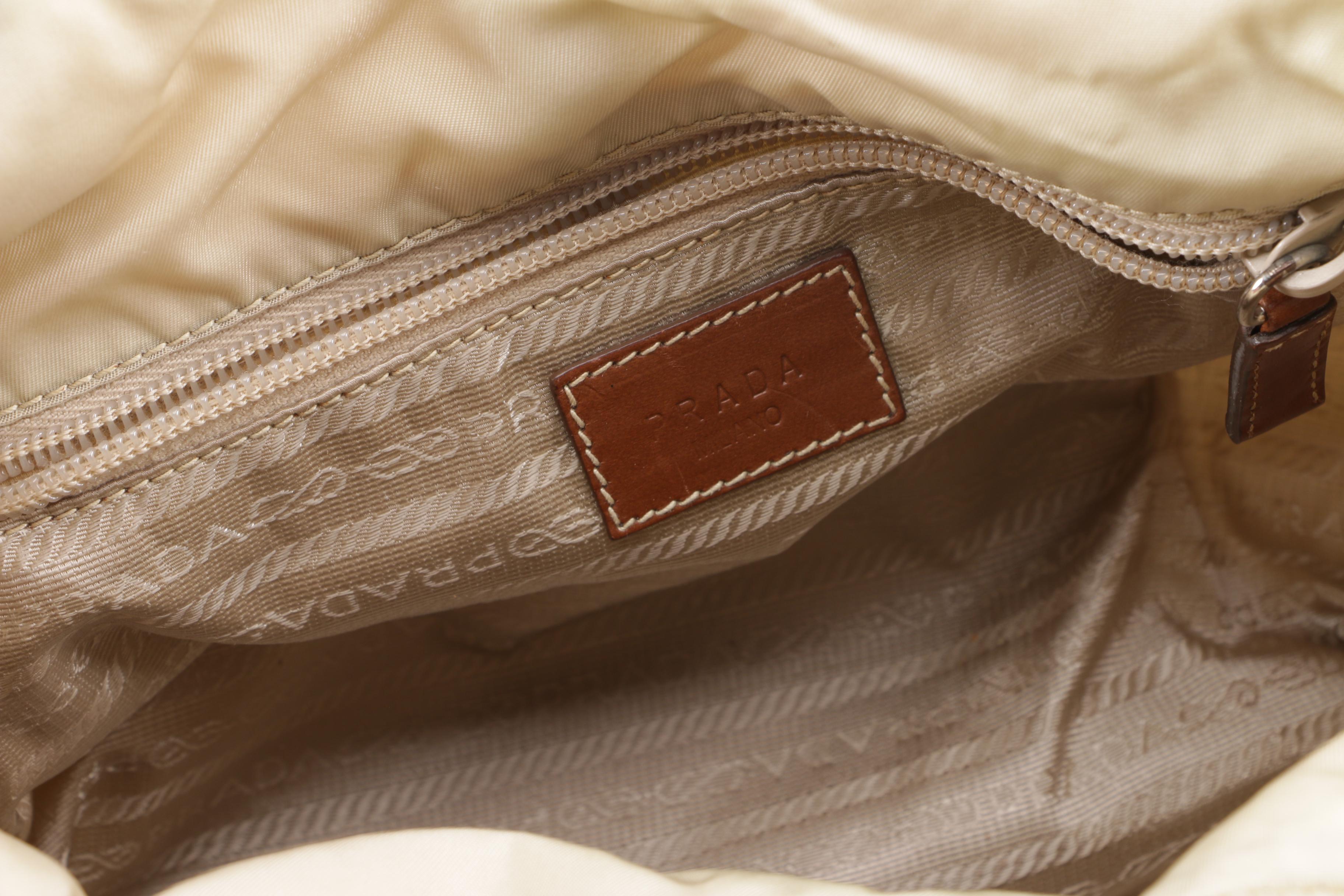 Prada Beige Nylon and Brown Leather Tote