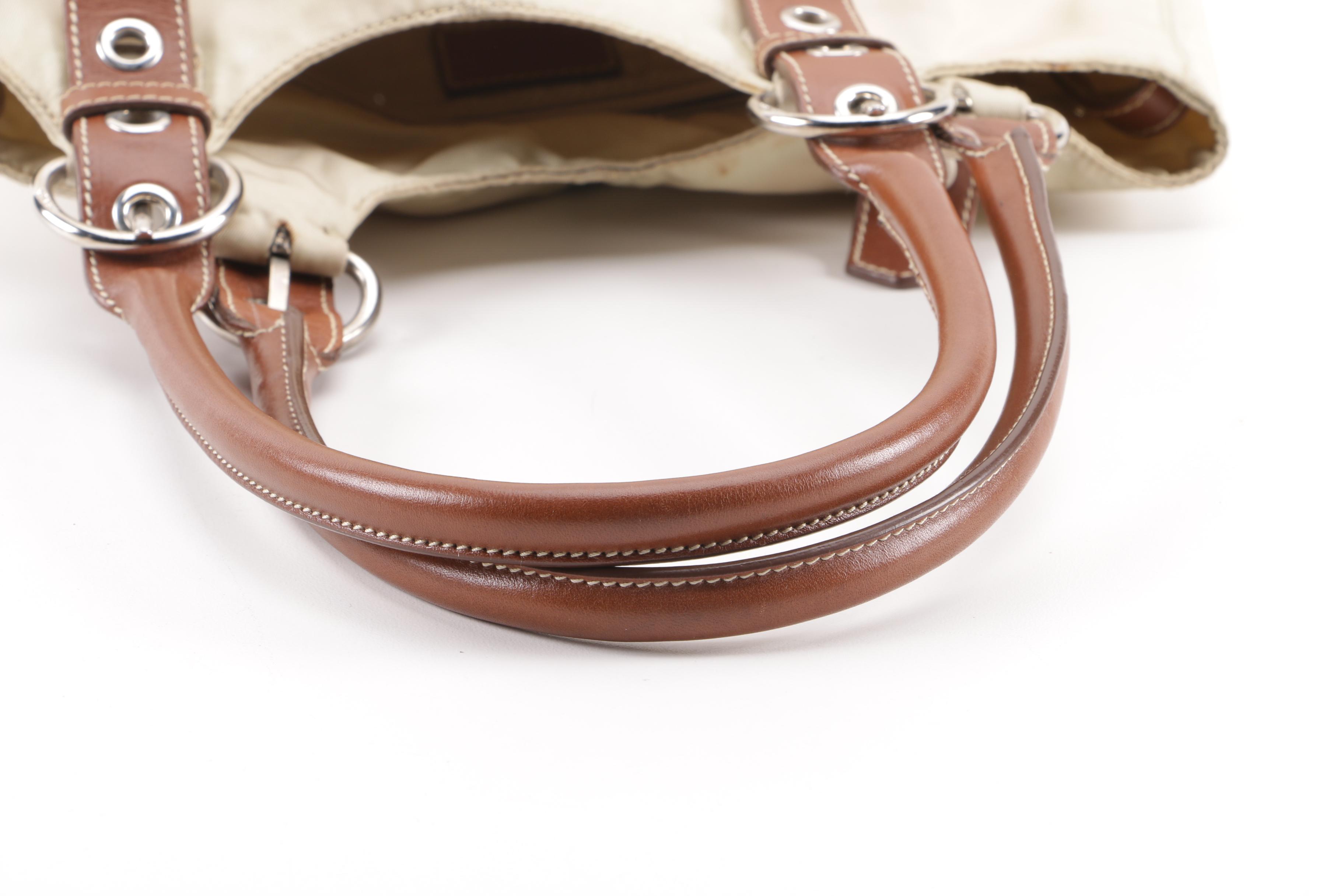 Prada Beige Nylon and Brown Leather Tote