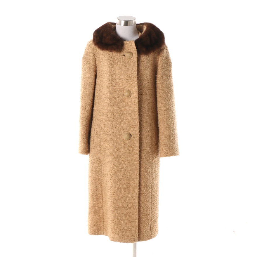 Women's 1960s Brentshire Botany Beige Bouclé Wool Coat with Mink Fur Collar