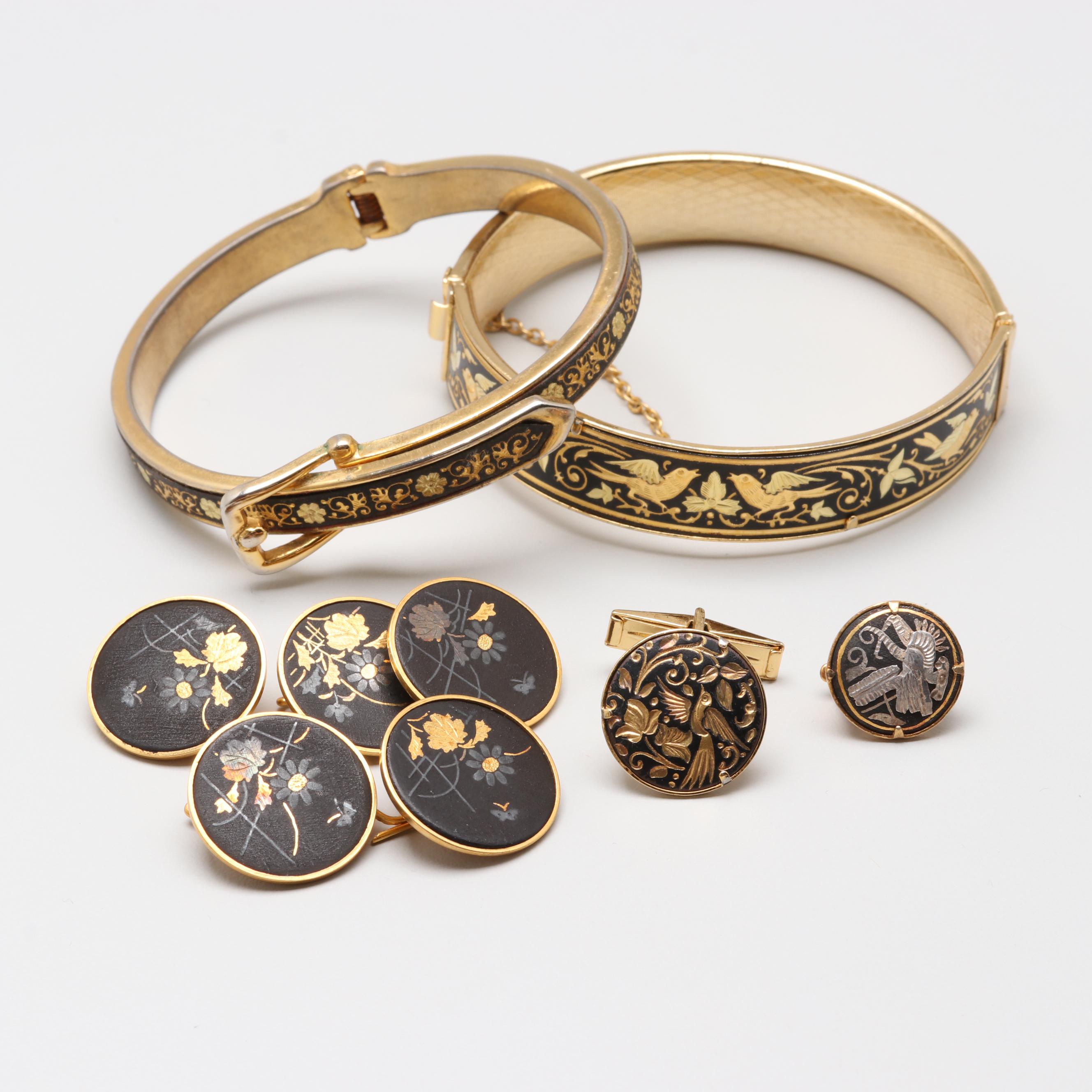 Gold Tone Enamel Bracelets, Cufflinks and Earring Assortment