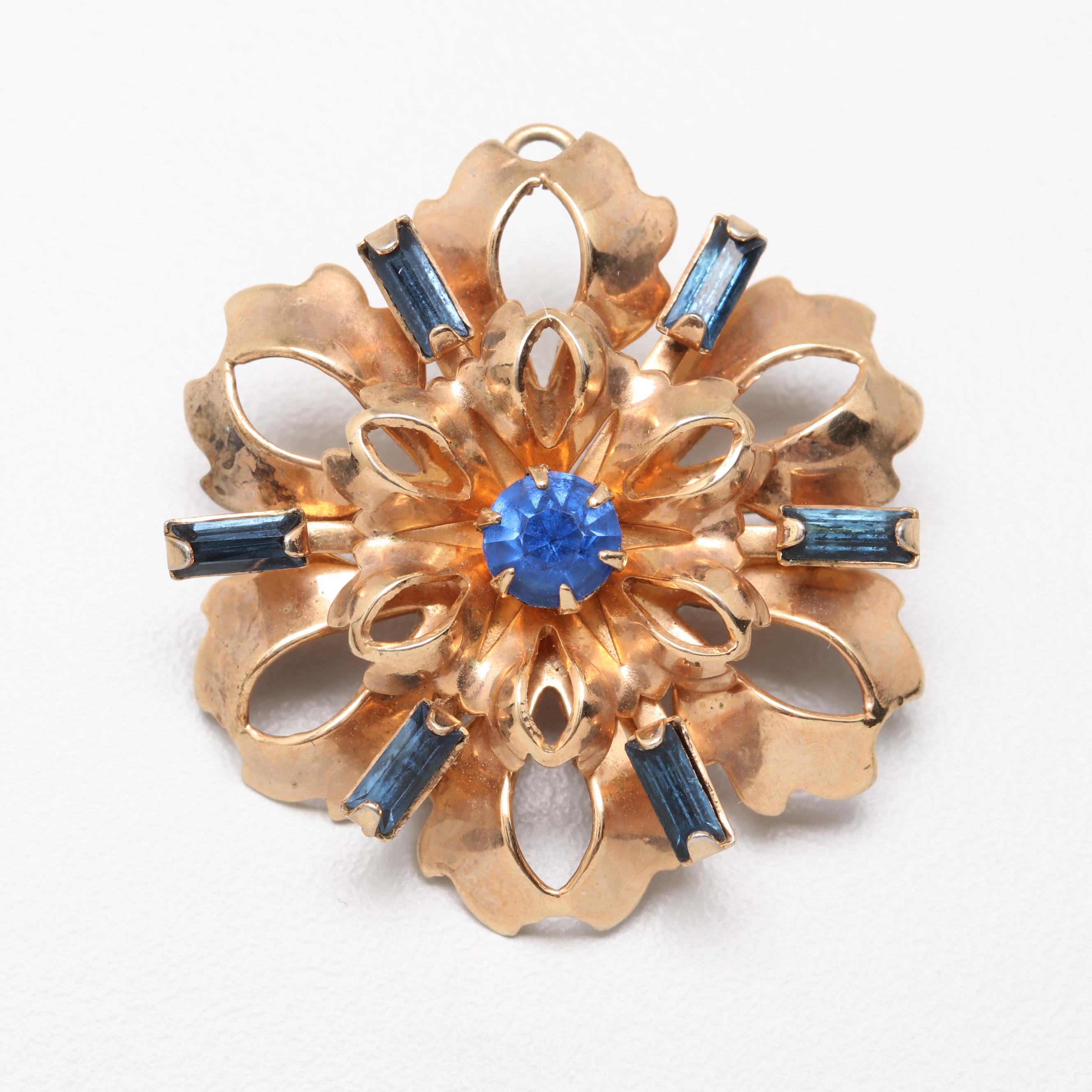 1930s Vermeil Blue Rhinestone Floral Brooch