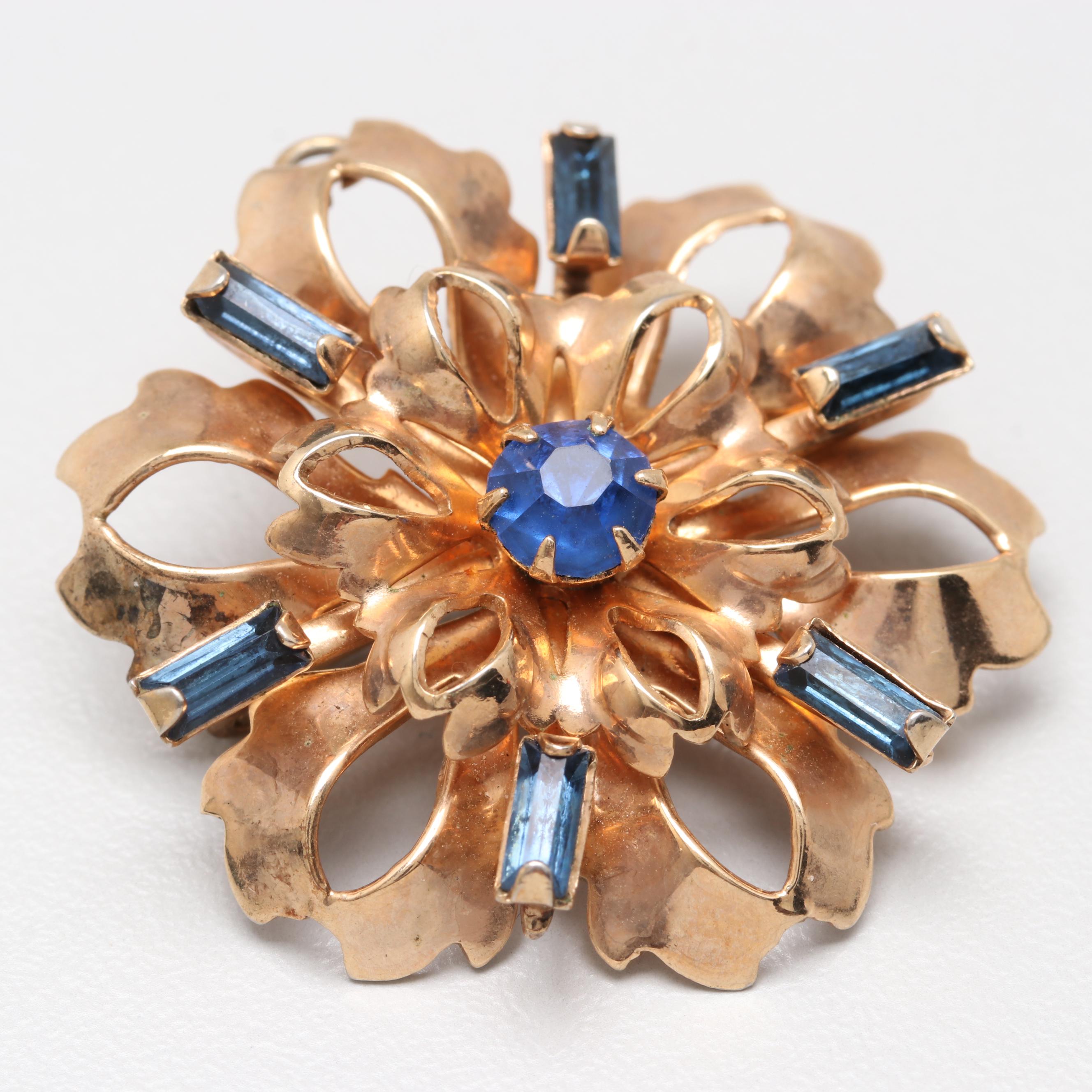 1930s Vermeil Blue Rhinestone Floral Brooch