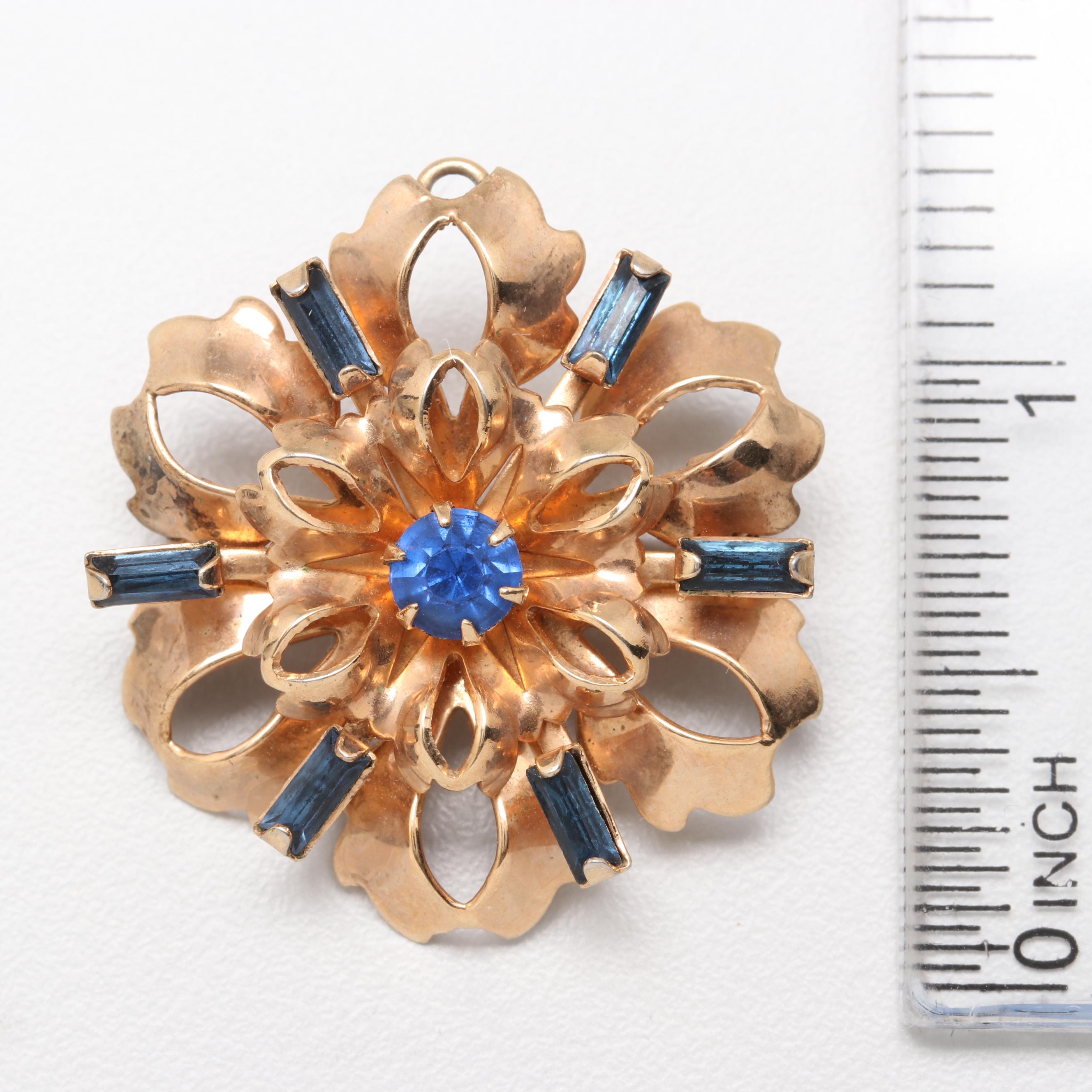 1930s Vermeil Blue Rhinestone Floral Brooch