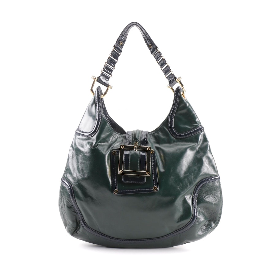 Tory Burch Forest Green and Navy Blue Leather Hobo Bag