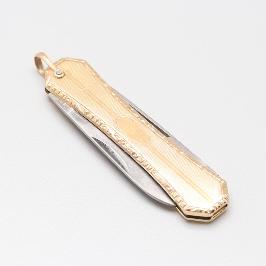 10K Yellow Gold Victorian Pocket Knife Pendant with Stainless Steel Blades