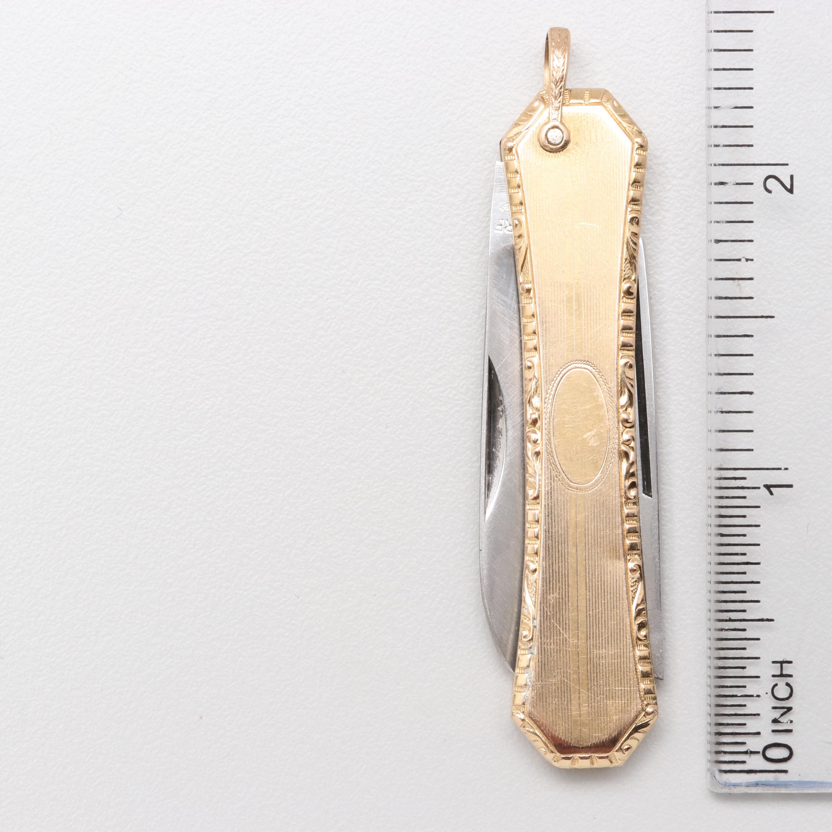 10K Yellow Gold Victorian Pocket Knife Pendant with Stainless Steel Blades