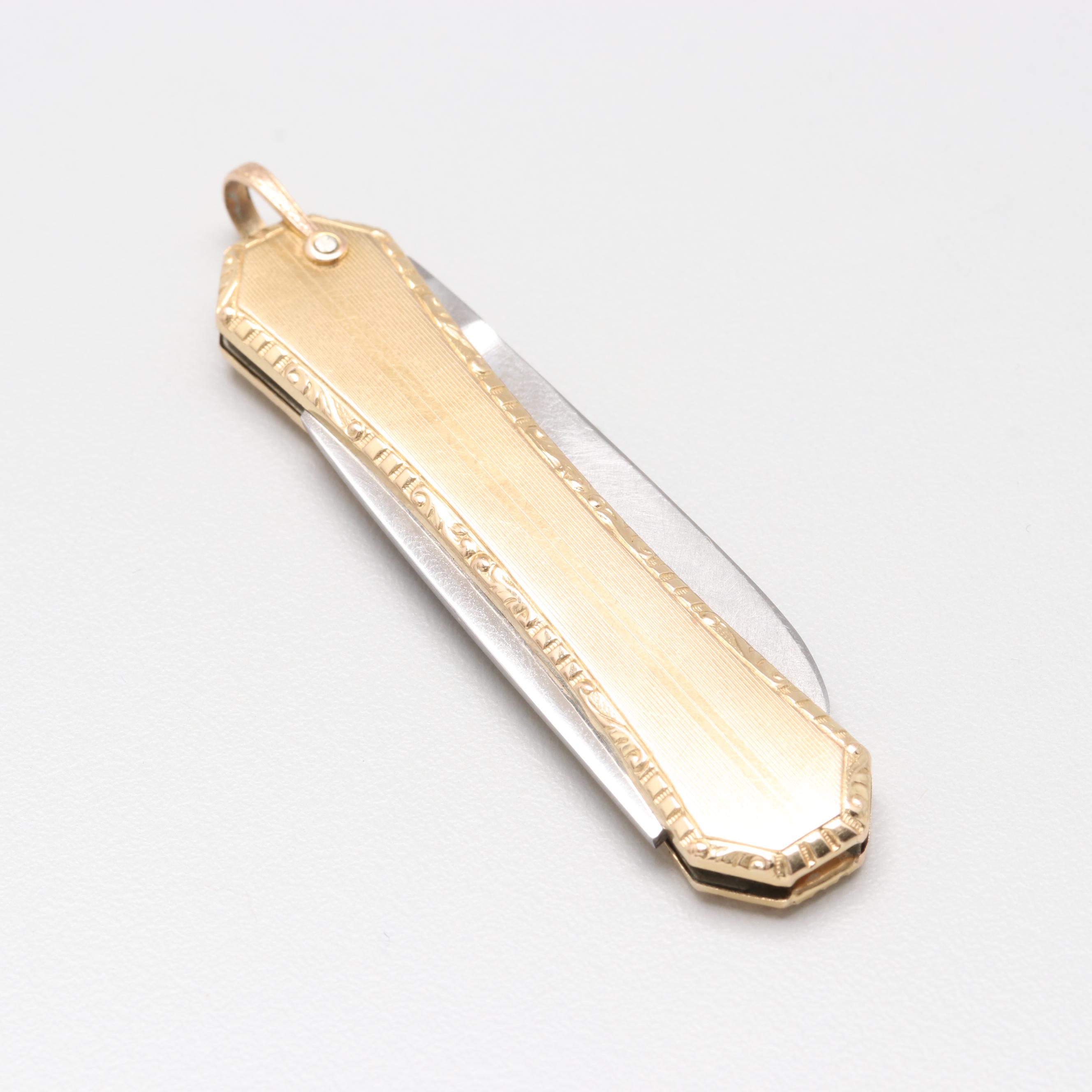 10K Yellow Gold Victorian Pocket Knife Pendant with Stainless Steel Blades