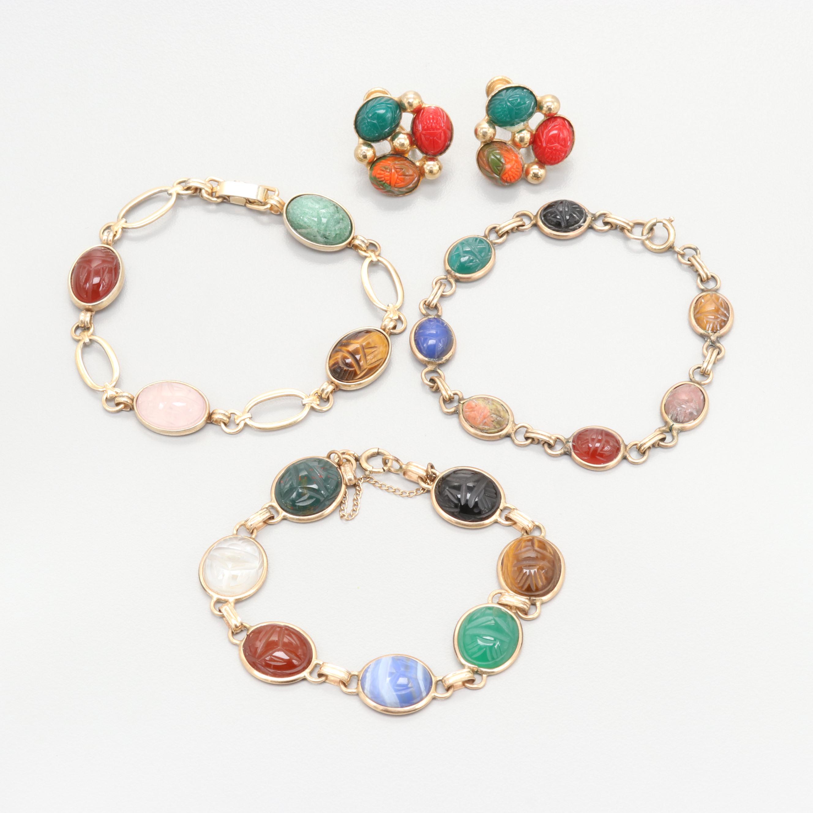 Vintage Carved Semi-Precious Scarab Bracelets and Earrings