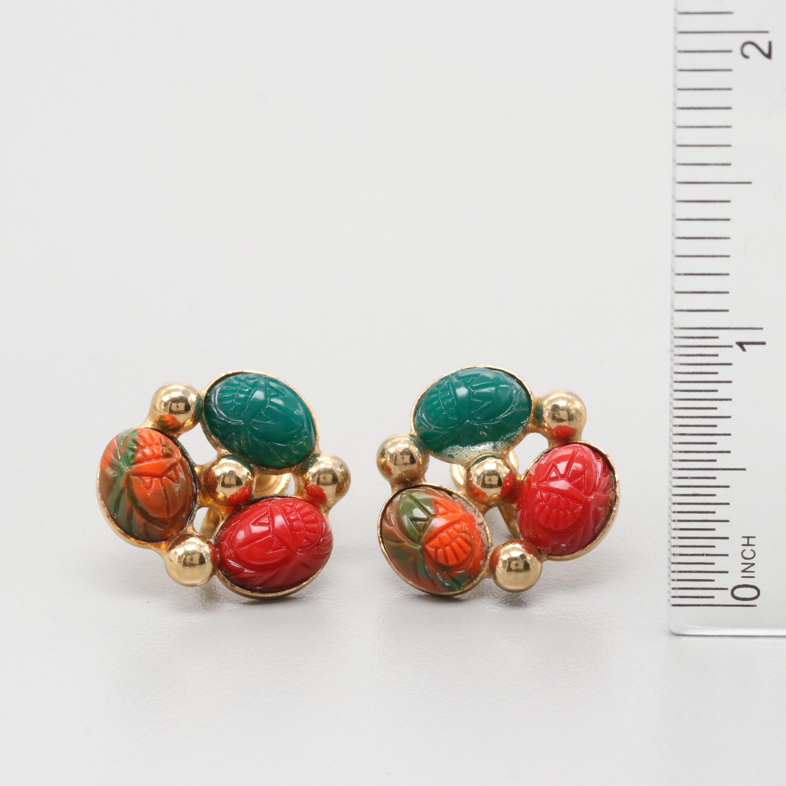 Vintage Carved Semi-Precious Scarab Bracelets and Earrings