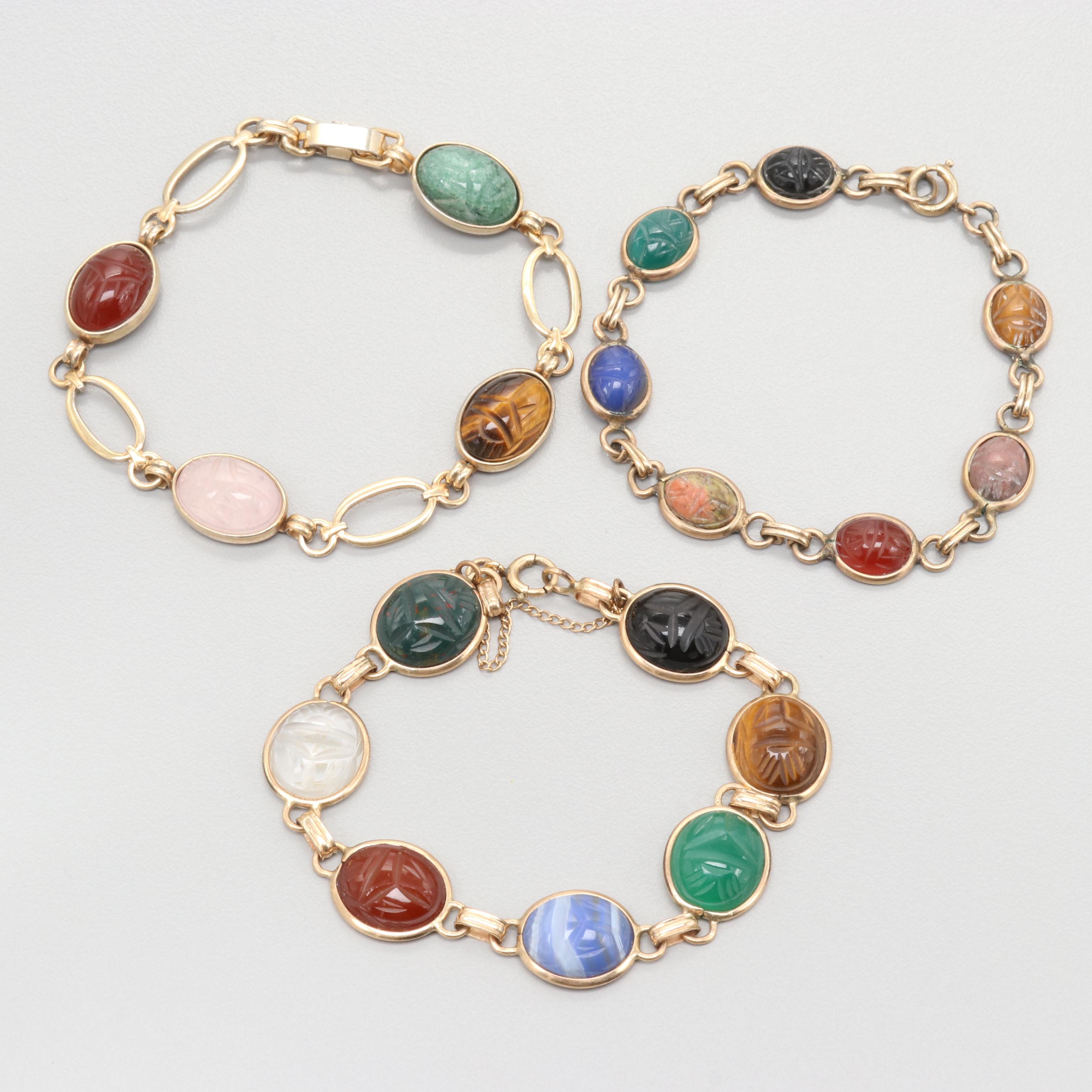 Vintage Carved Semi-Precious Scarab Bracelets and Earrings