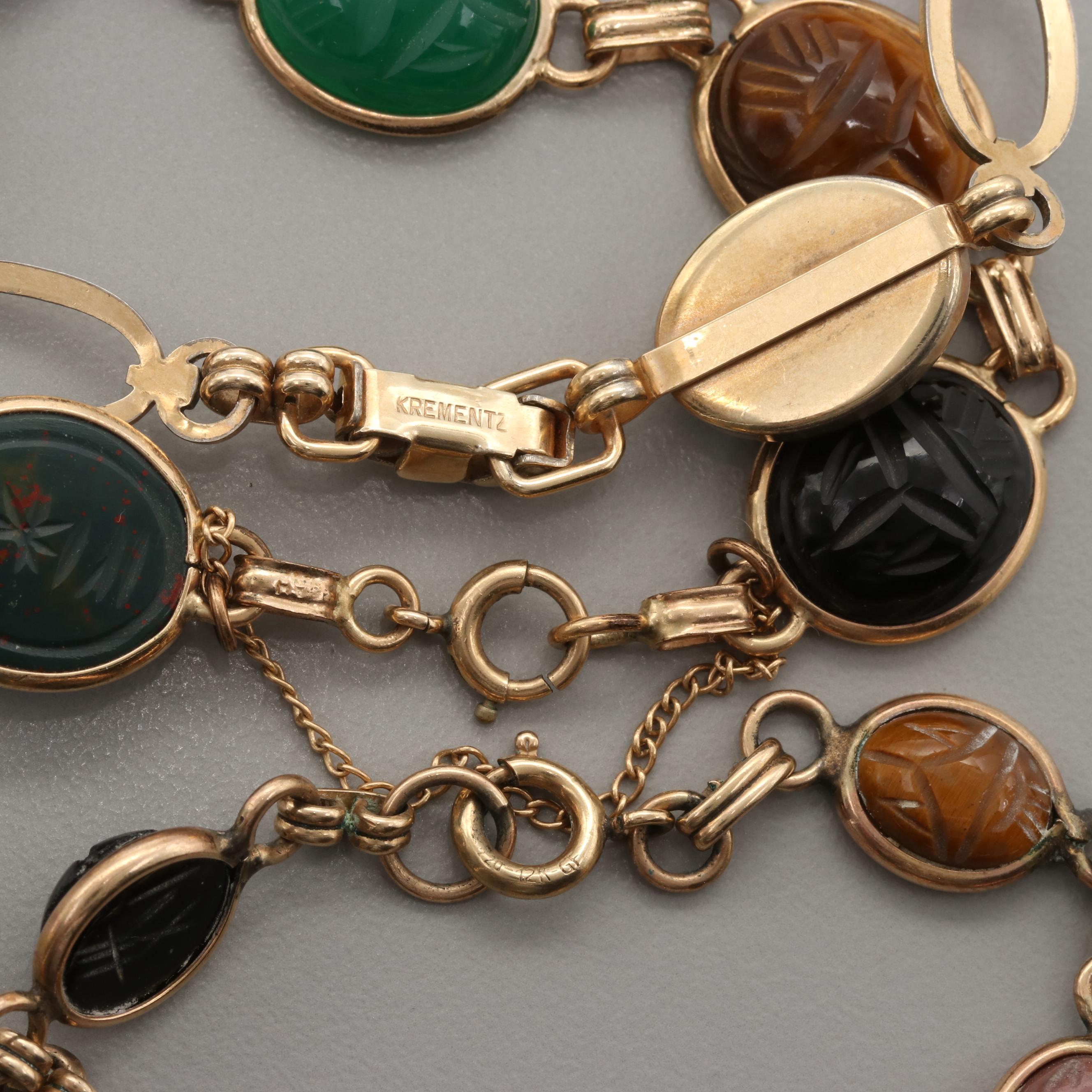 Vintage Carved Semi-Precious Scarab Bracelets and Earrings