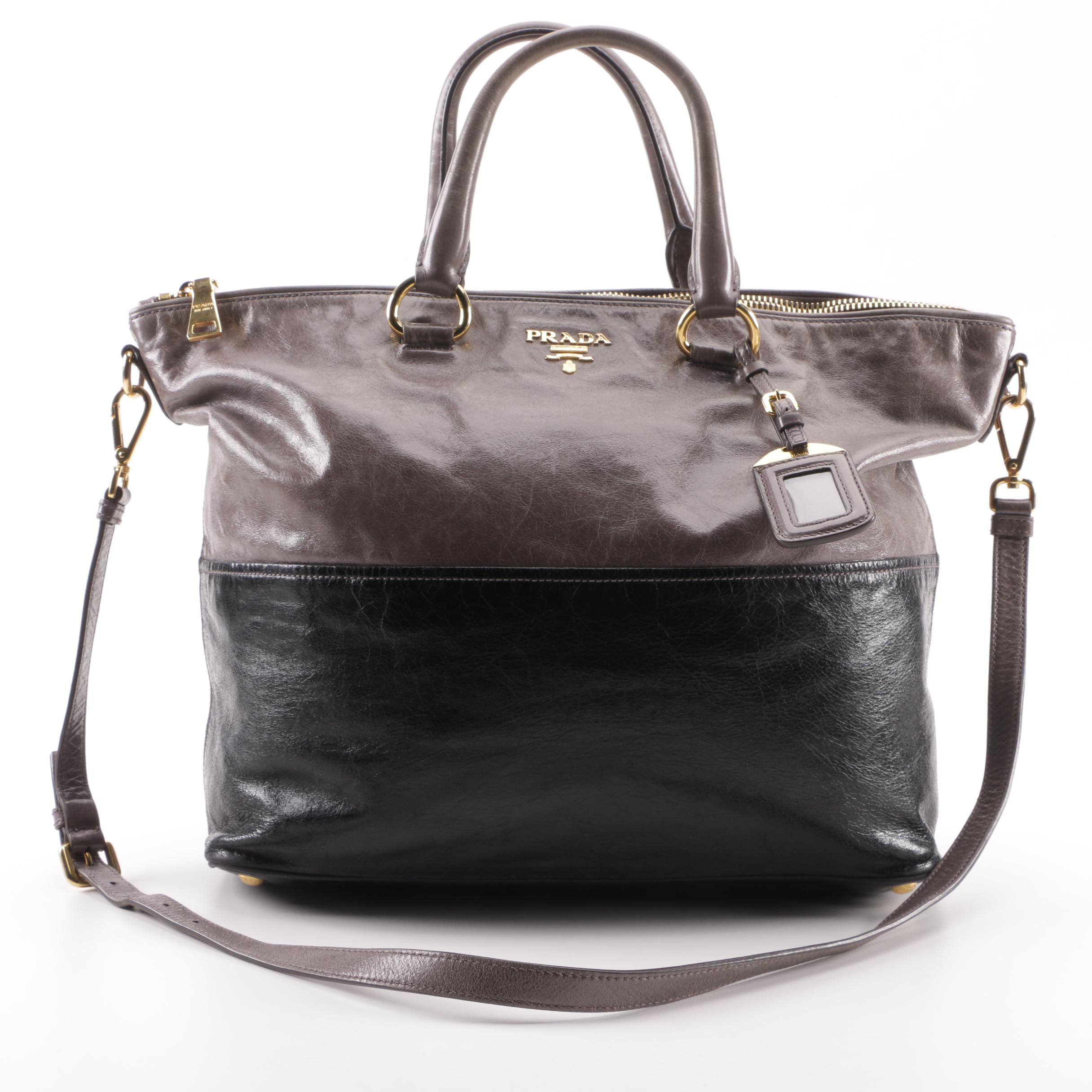 Prada BN2322 Smoke Grey and Black Vitello Shine Leather Satchel