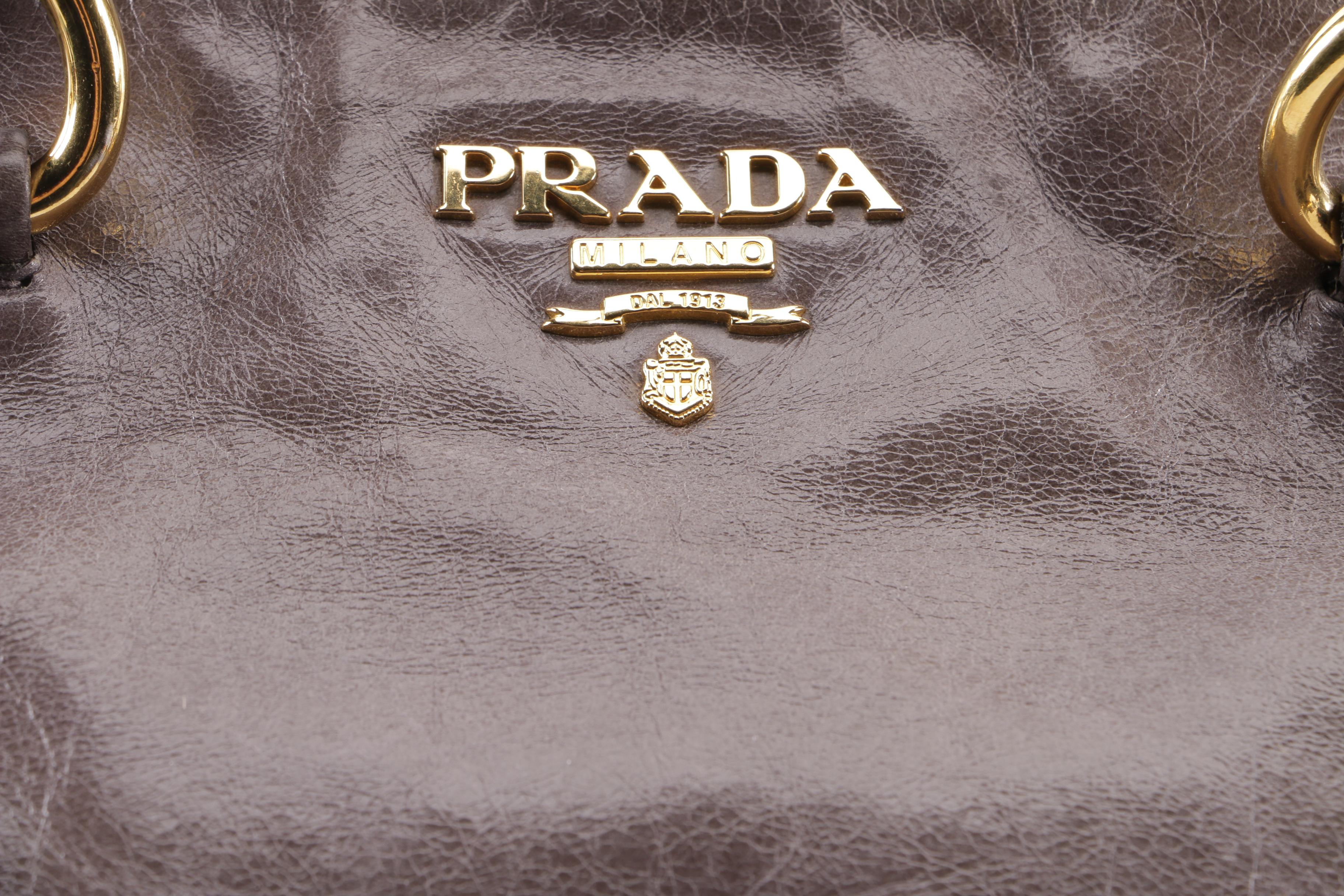 Prada BN2322 Smoke Grey and Black Vitello Shine Leather Satchel