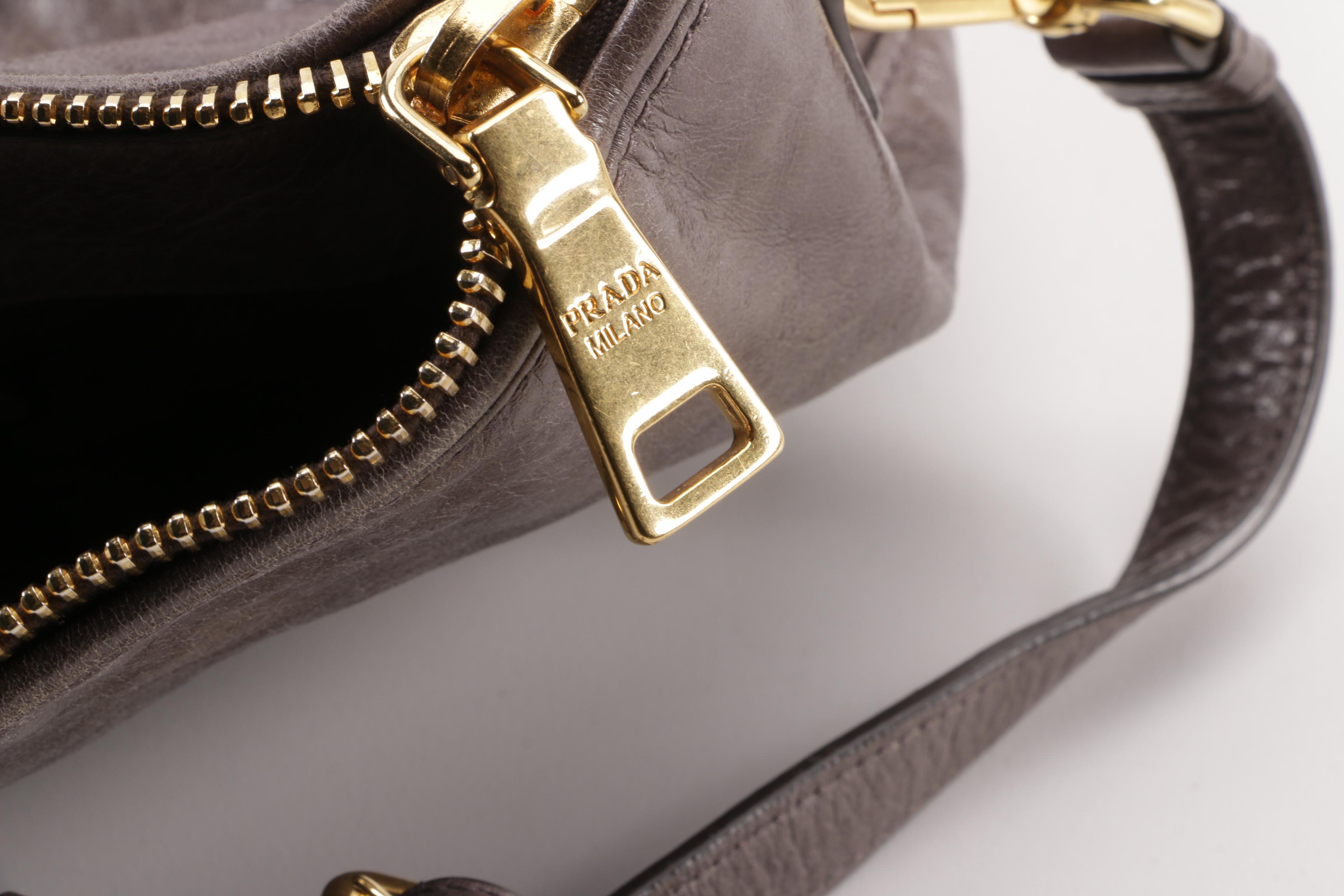 Prada BN2322 Smoke Grey and Black Vitello Shine Leather Satchel