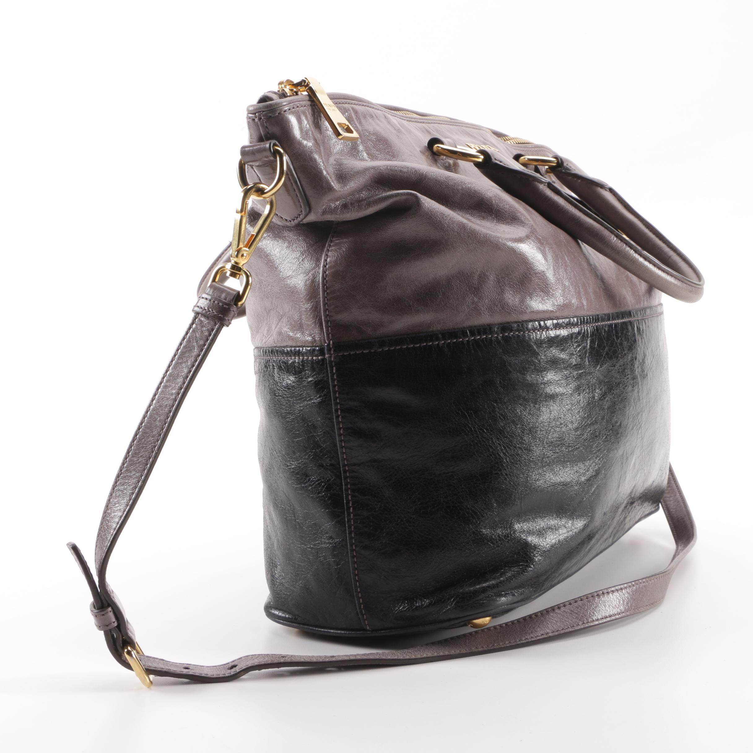 Prada BN2322 Smoke Grey and Black Vitello Shine Leather Satchel