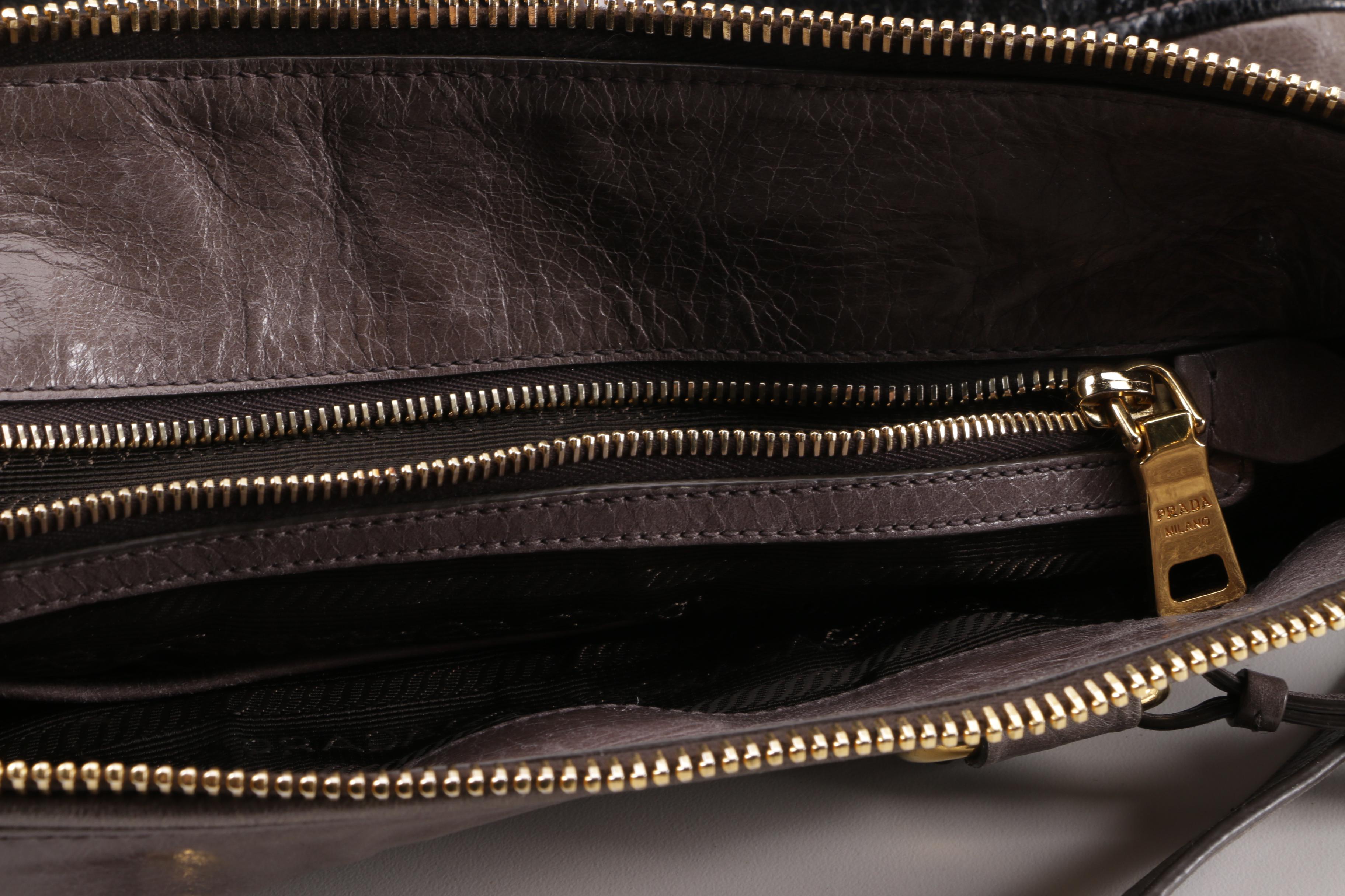 Prada BN2322 Smoke Grey and Black Vitello Shine Leather Satchel