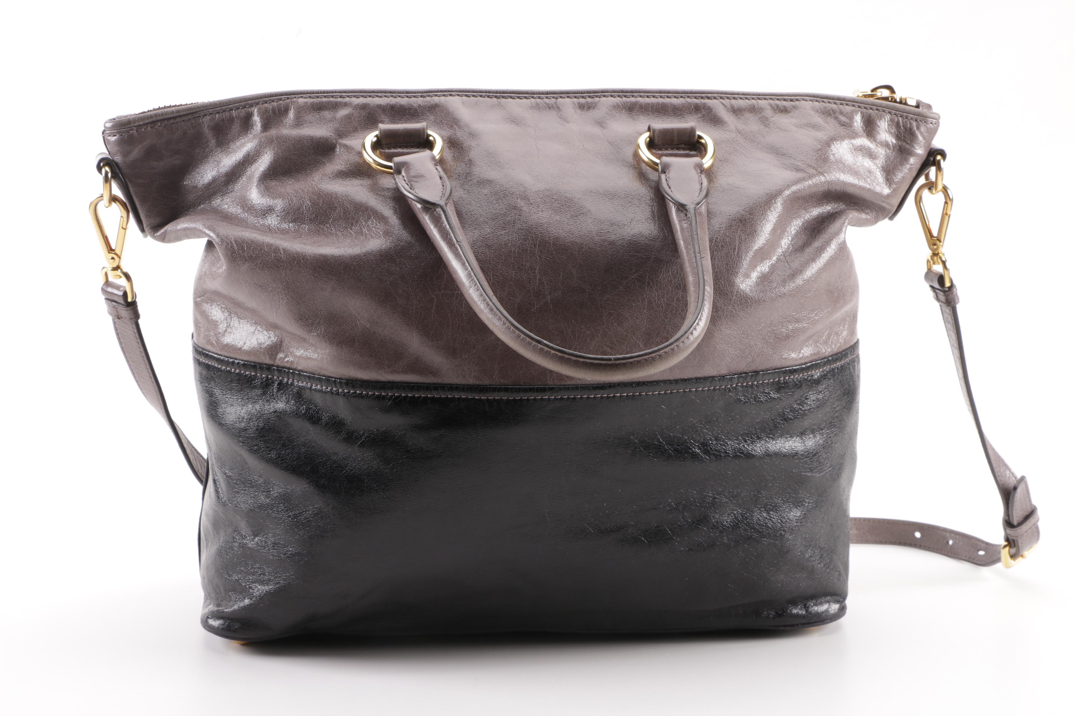 Prada BN2322 Smoke Grey and Black Vitello Shine Leather Satchel