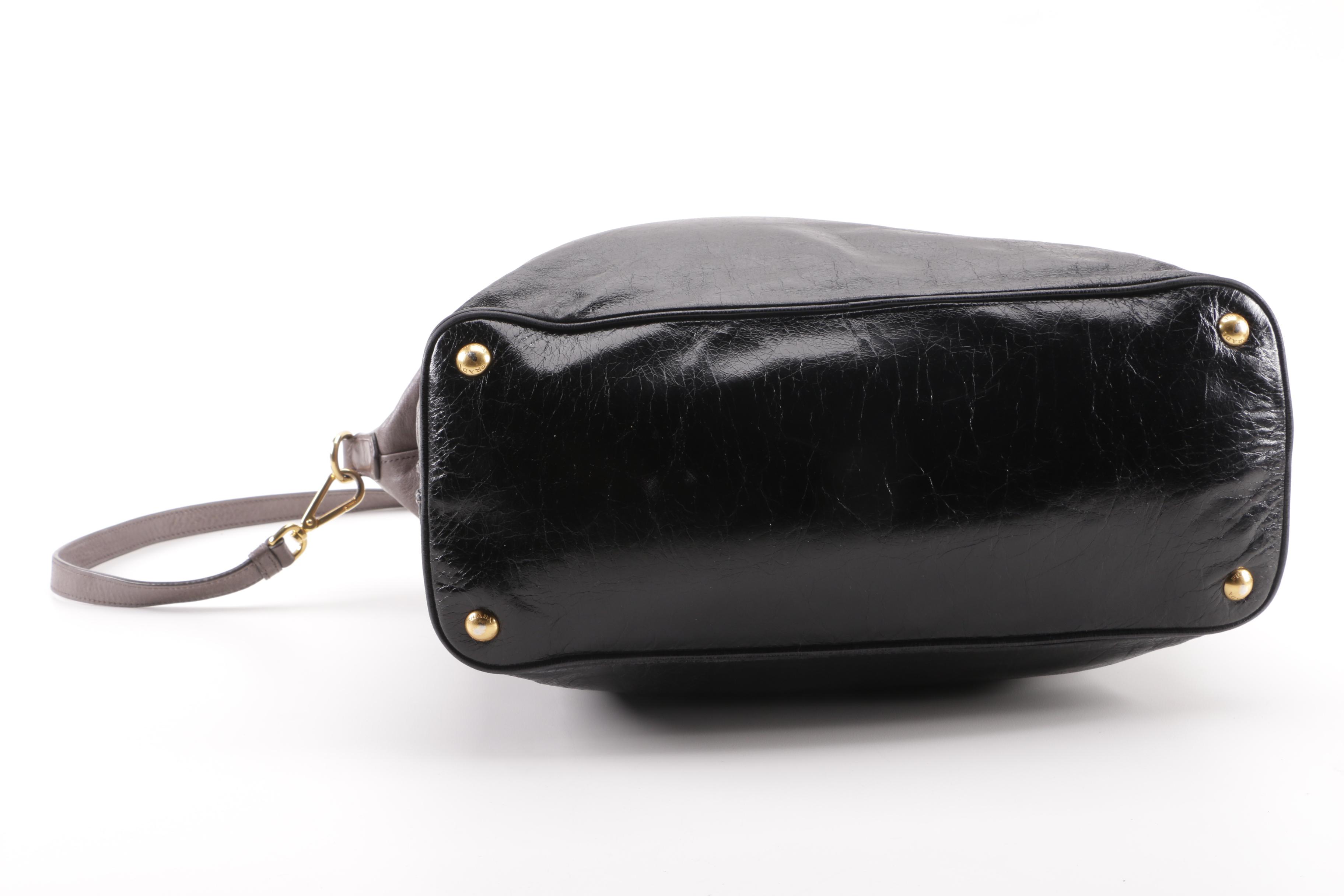 Prada BN2322 Smoke Grey and Black Vitello Shine Leather Satchel