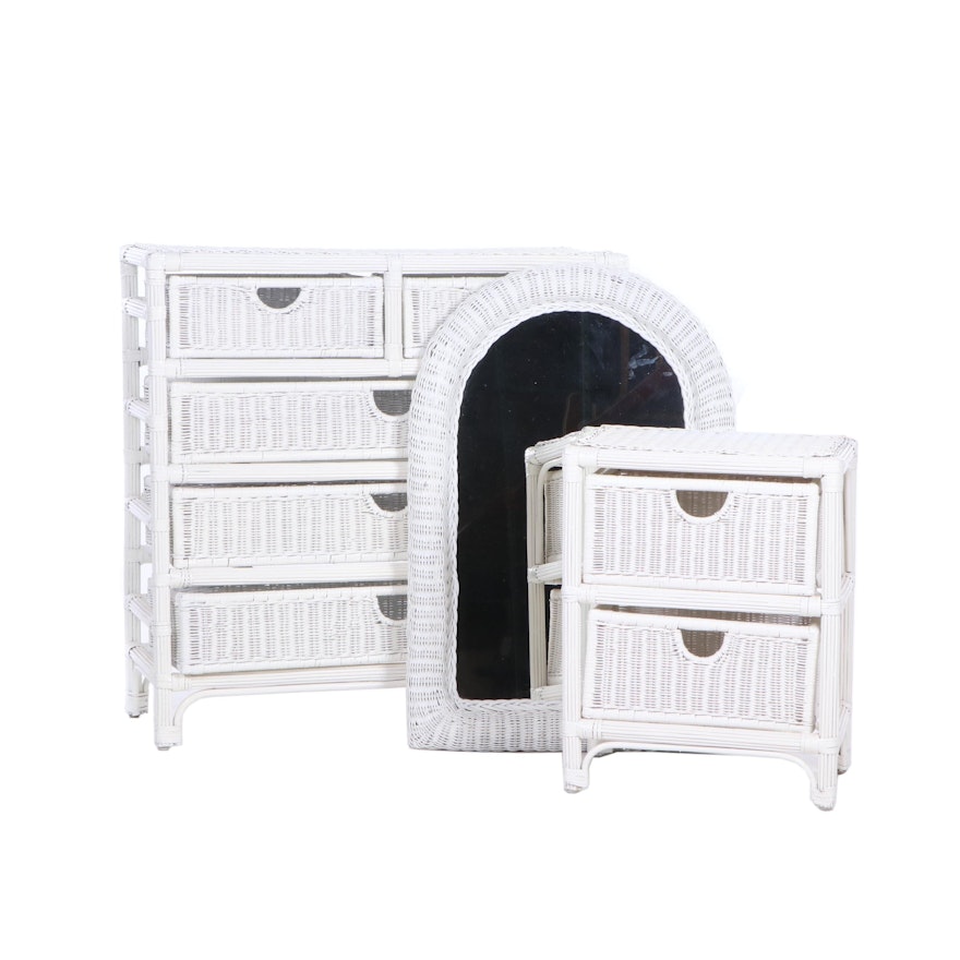 White Wicker Weave Five-Drawer Chest, Nightstand, and Wall Mount Mirror, 20th C.