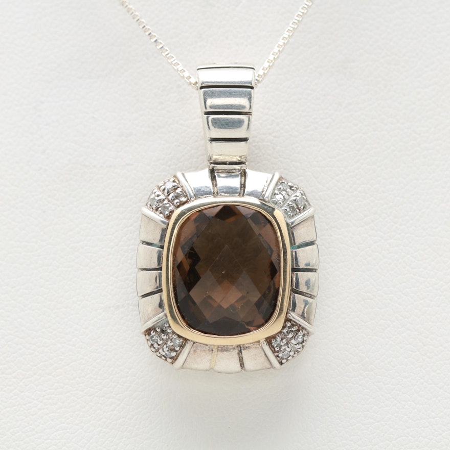 Sterling Smoky Quartz and Diamond Enhancer Pendant Necklace with 14K Accent