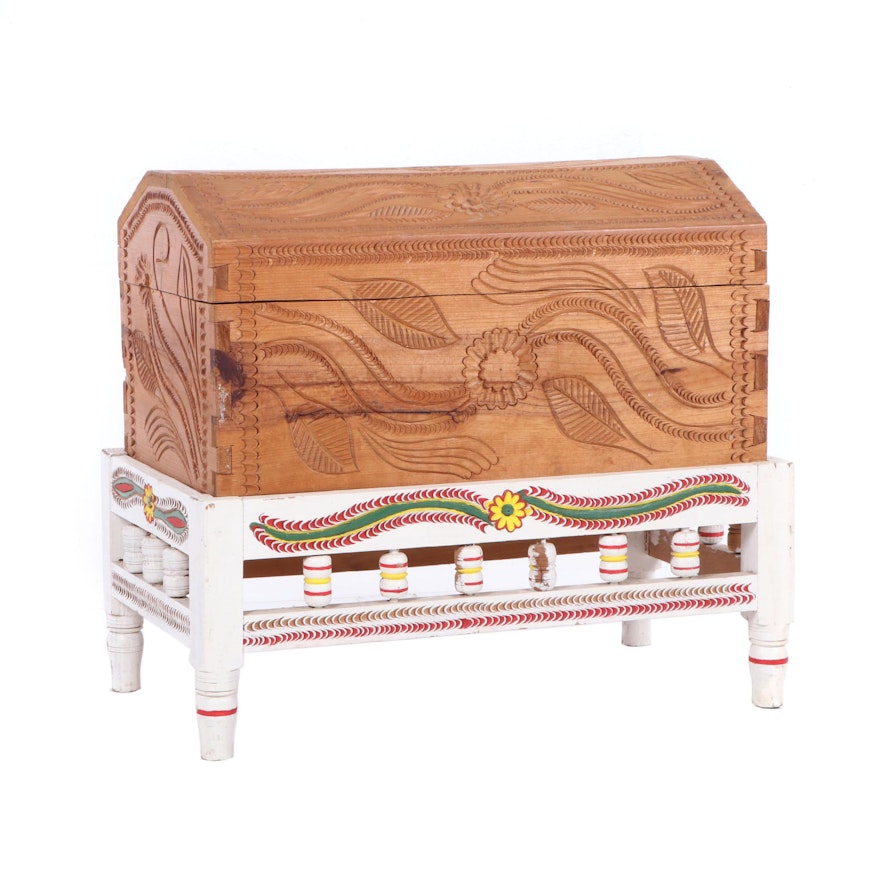 Carved Teak Chest on Painted Wood Stand, Early 20th Century