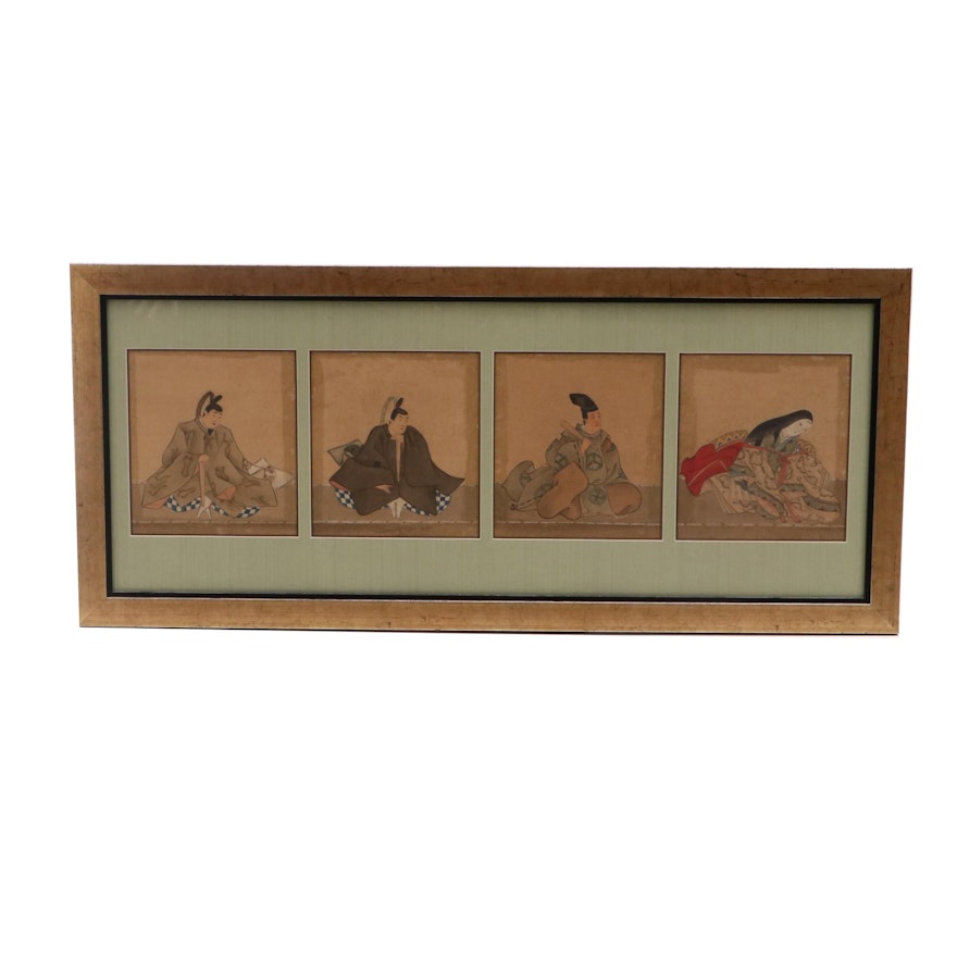 Four Antique Japanese Woodblock Portraits with Hand-Painted Accents