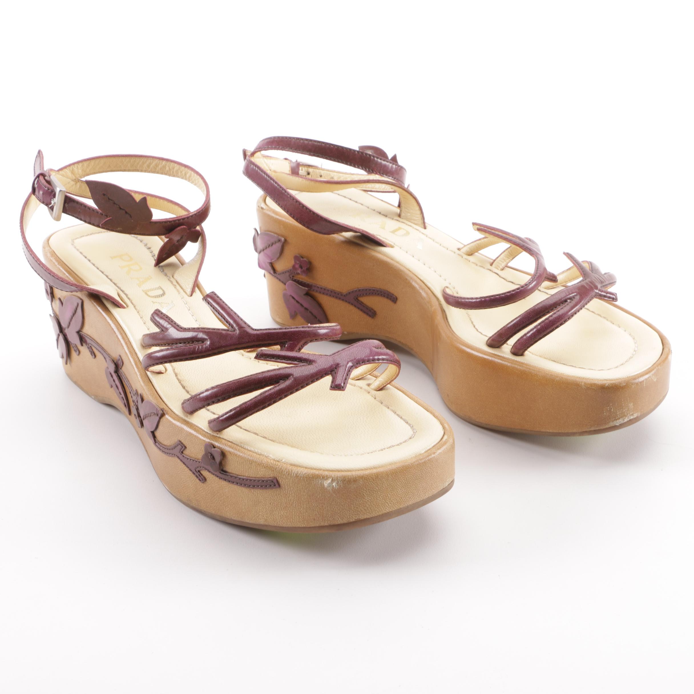 1997 Prada Floral Leather Vine Leaf Platform Sandals