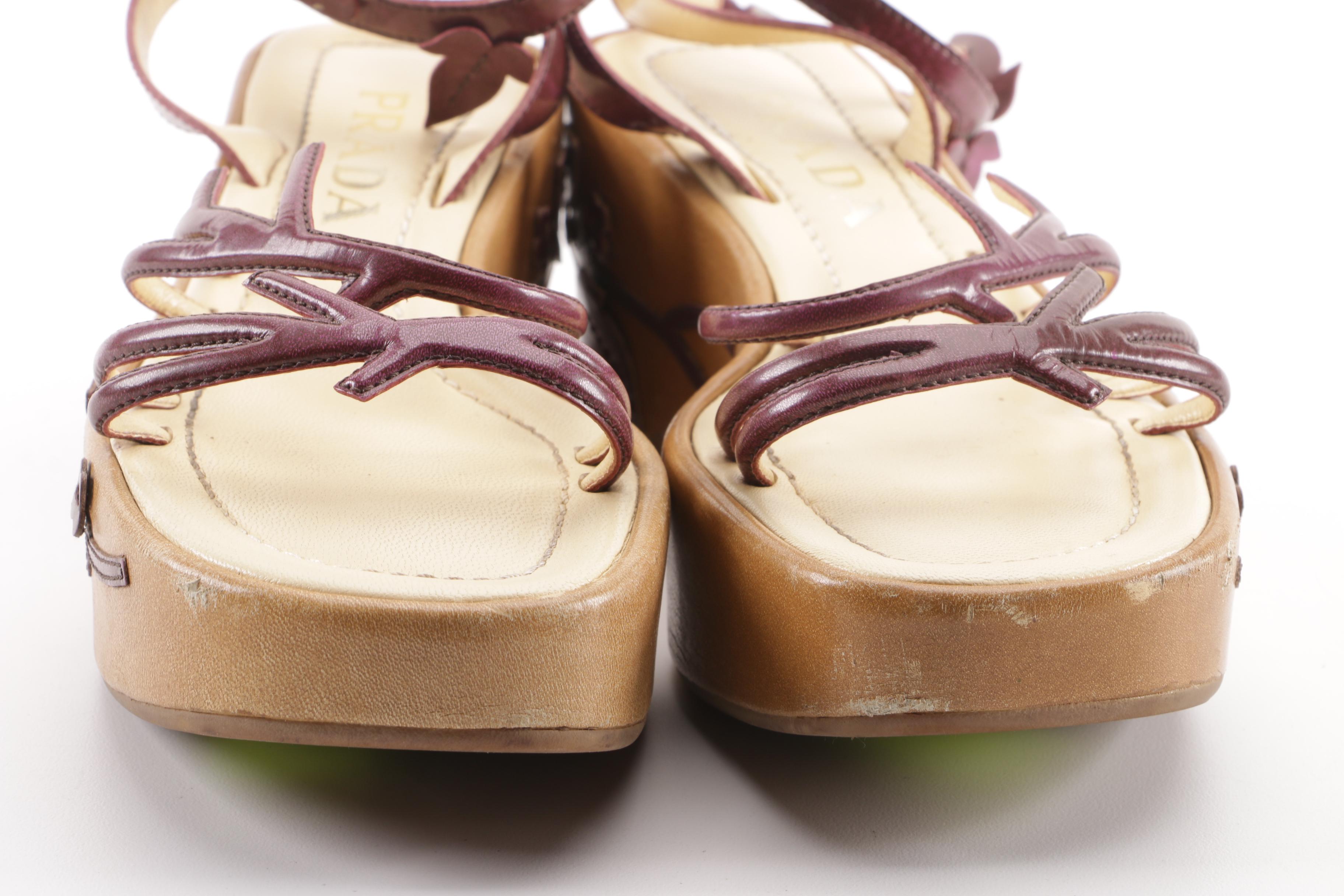 1997 Prada Floral Leather Vine Leaf Platform Sandals