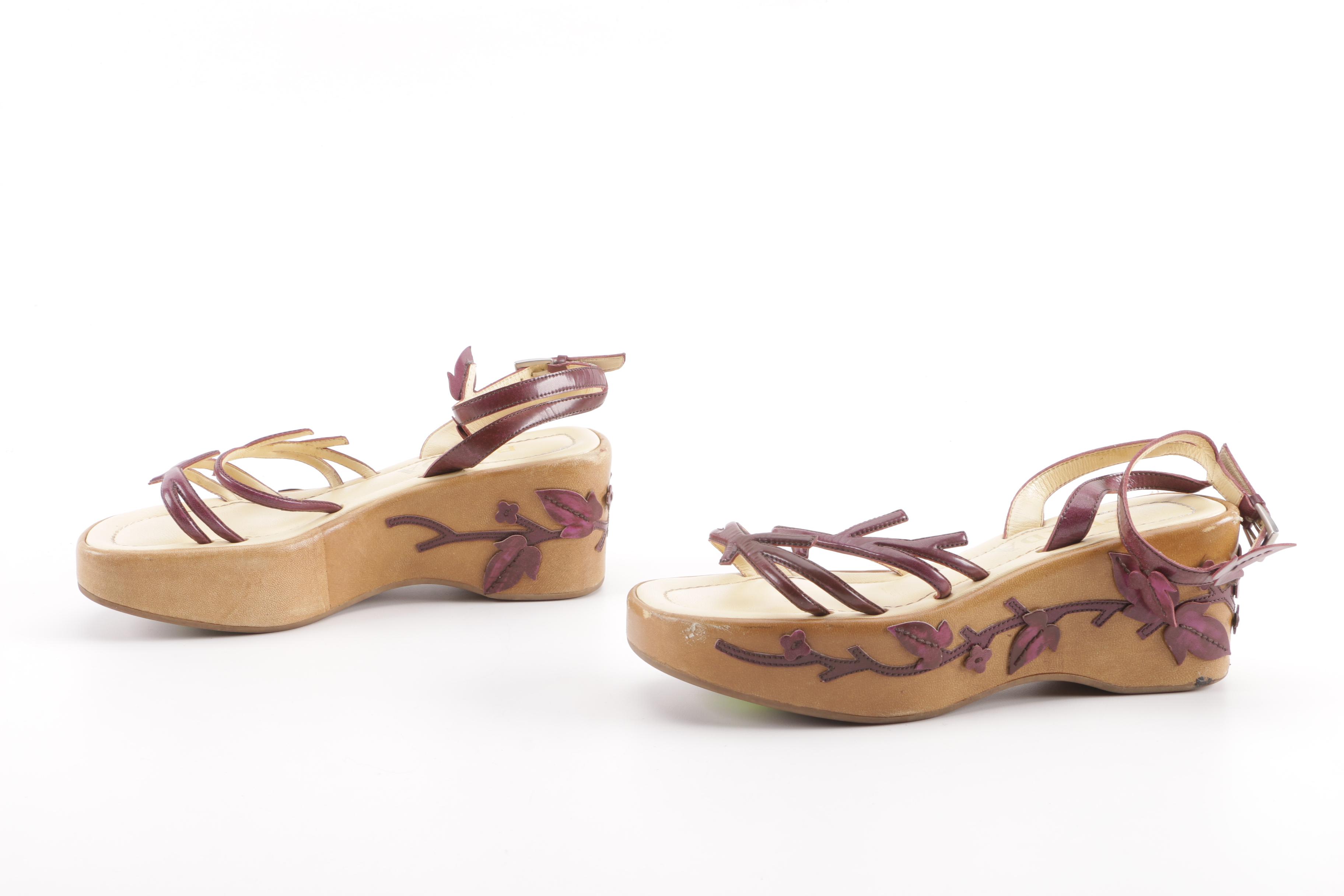 1997 Prada Floral Leather Vine Leaf Platform Sandals